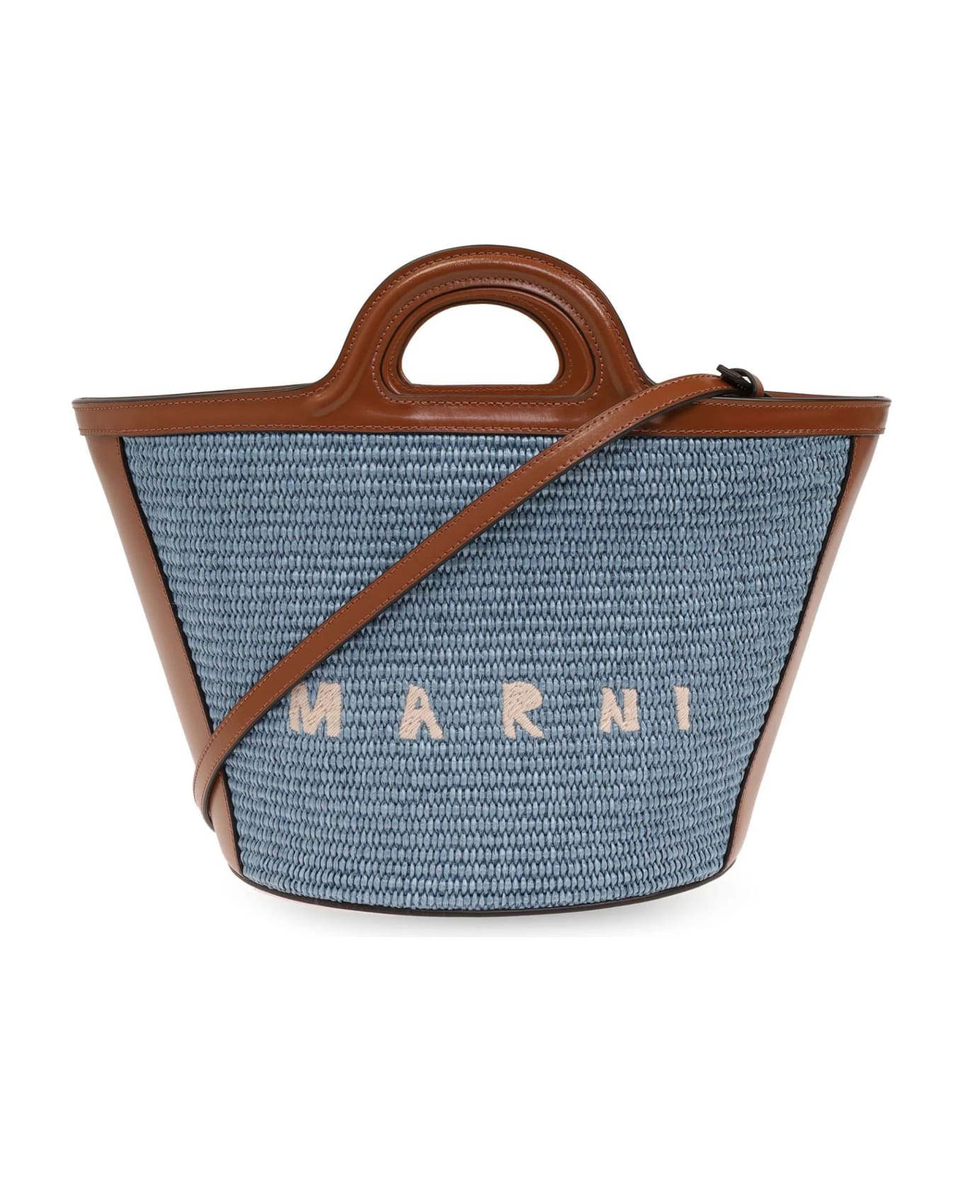 Marni Small Tropicalia Summer Bag In Brown Leather And Light Blue Raffia - Brown