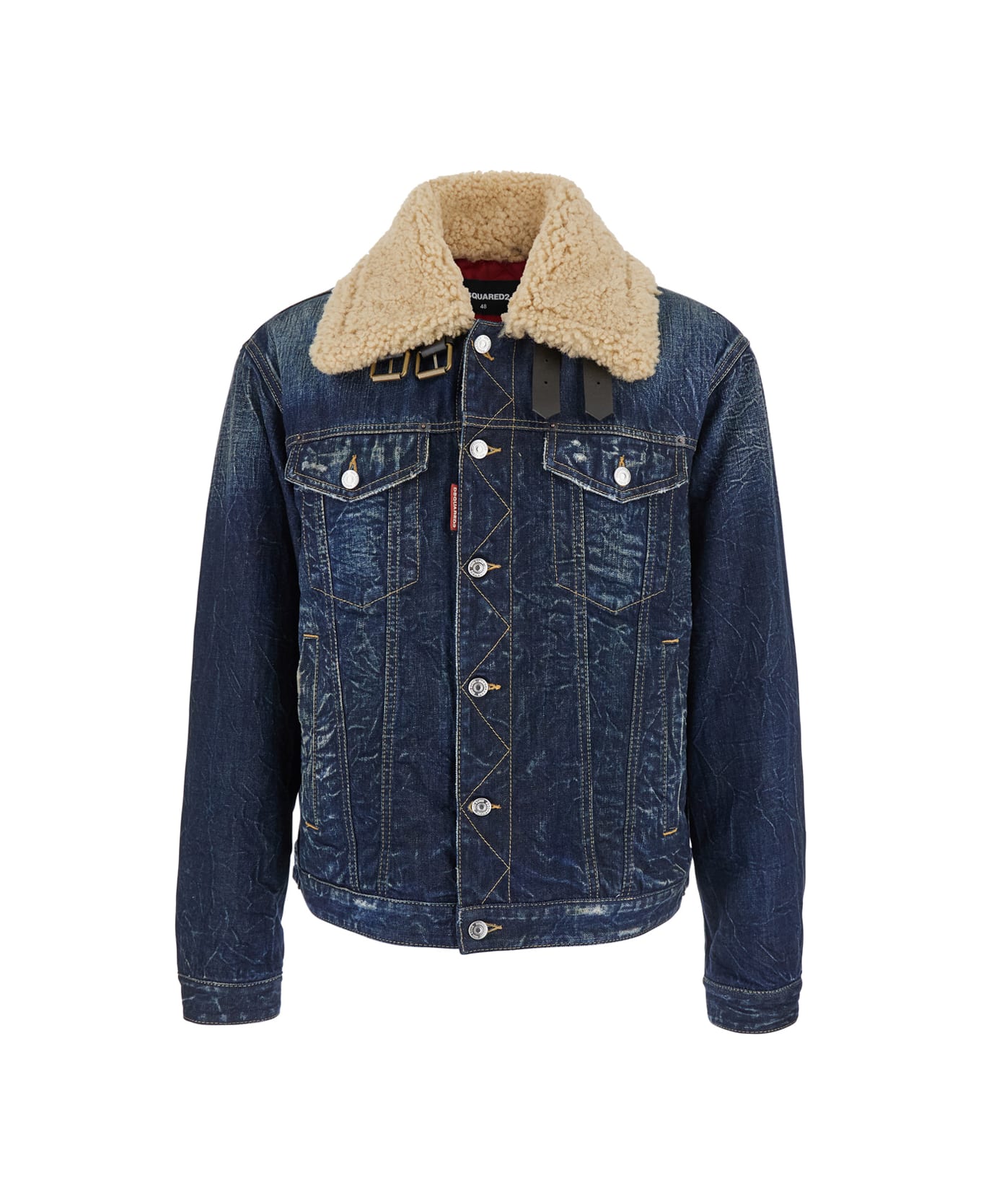 Dsquared2 Blue Jacket With Belted Fur Collar In Denim Man - Blu