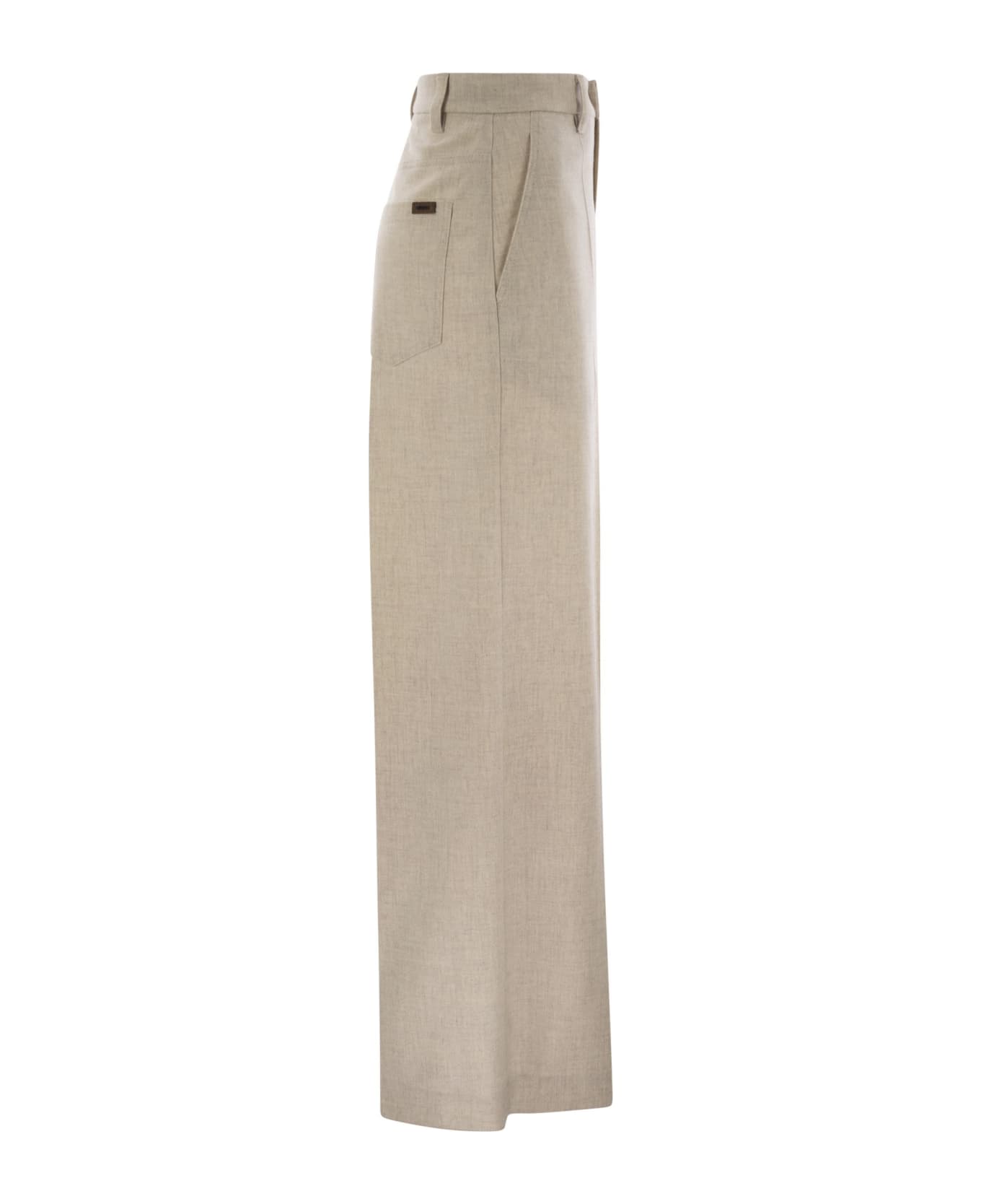 Brunello Cucinelli Wide High-waisted Wool And Cashmere Trousers With Necklace - Beige