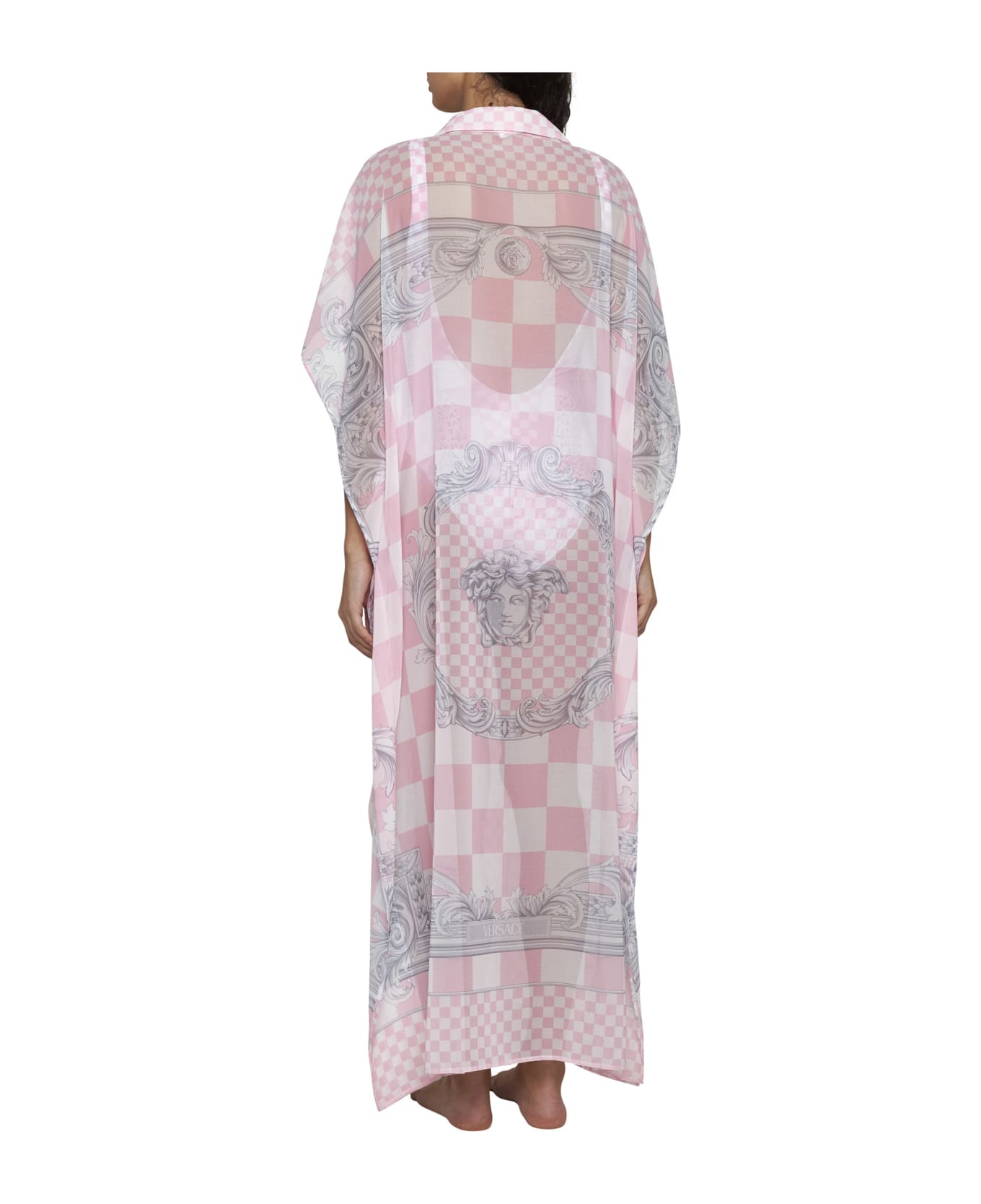 Versace Pink Shirt Dress With Barocco Check Print All-over In Viscose Woman - Pastel pink + white + silver