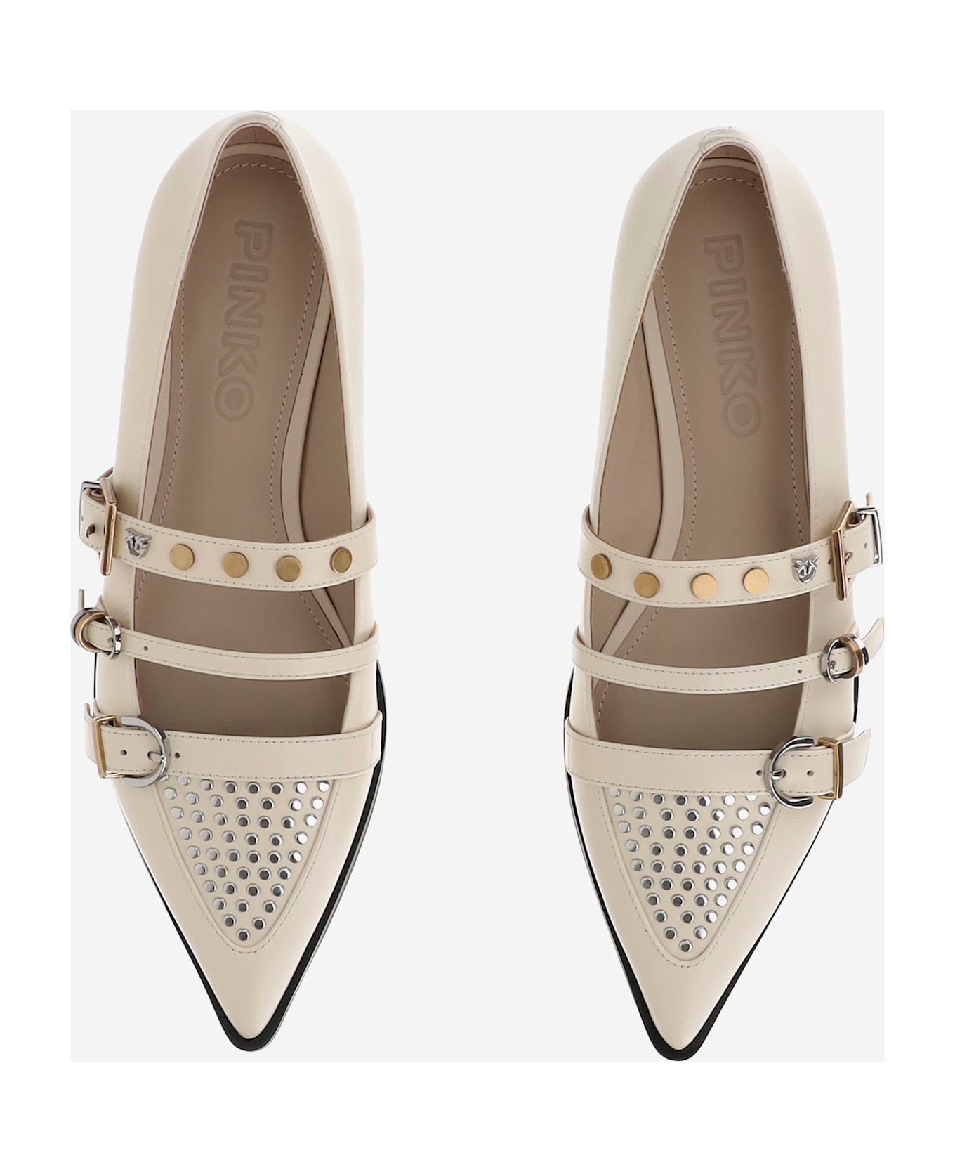 Pinko Pointy Toe Shoe With Leather Buckles - Ivory