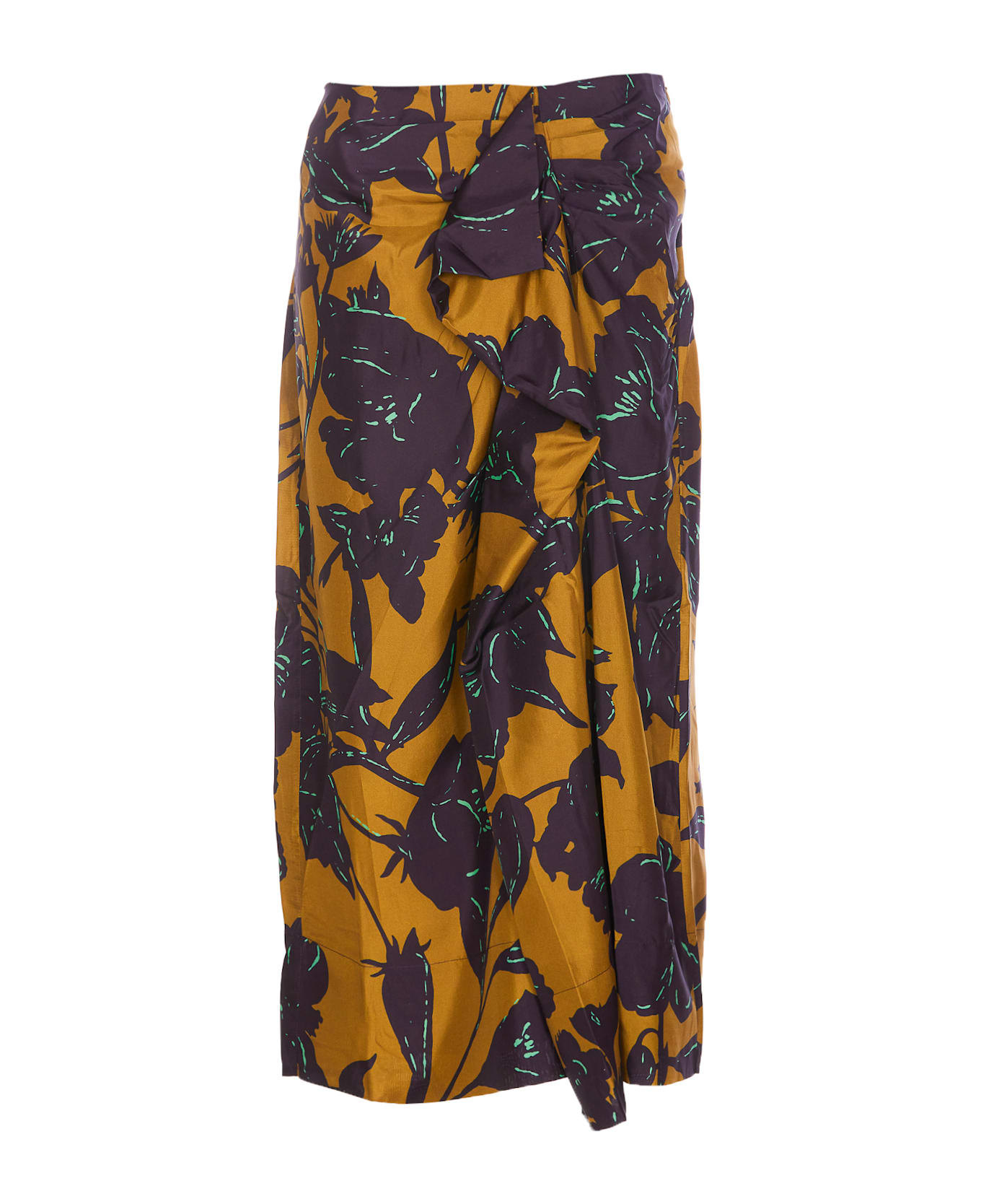 Essentiel Antwerp Silk Draped Midi Skirt With Floral Print - Brown