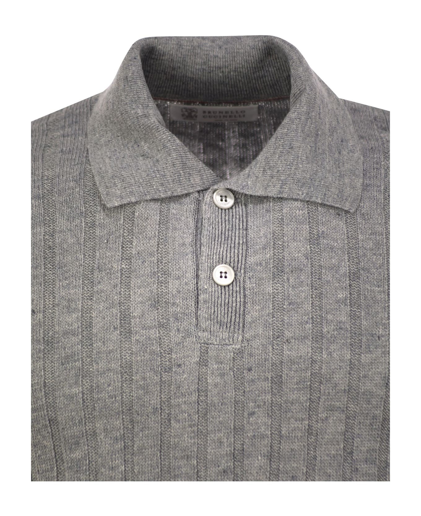 Brunello Cucinelli Linen And Cotton Knit Polo Shirt With Contrasting Detail - Grey