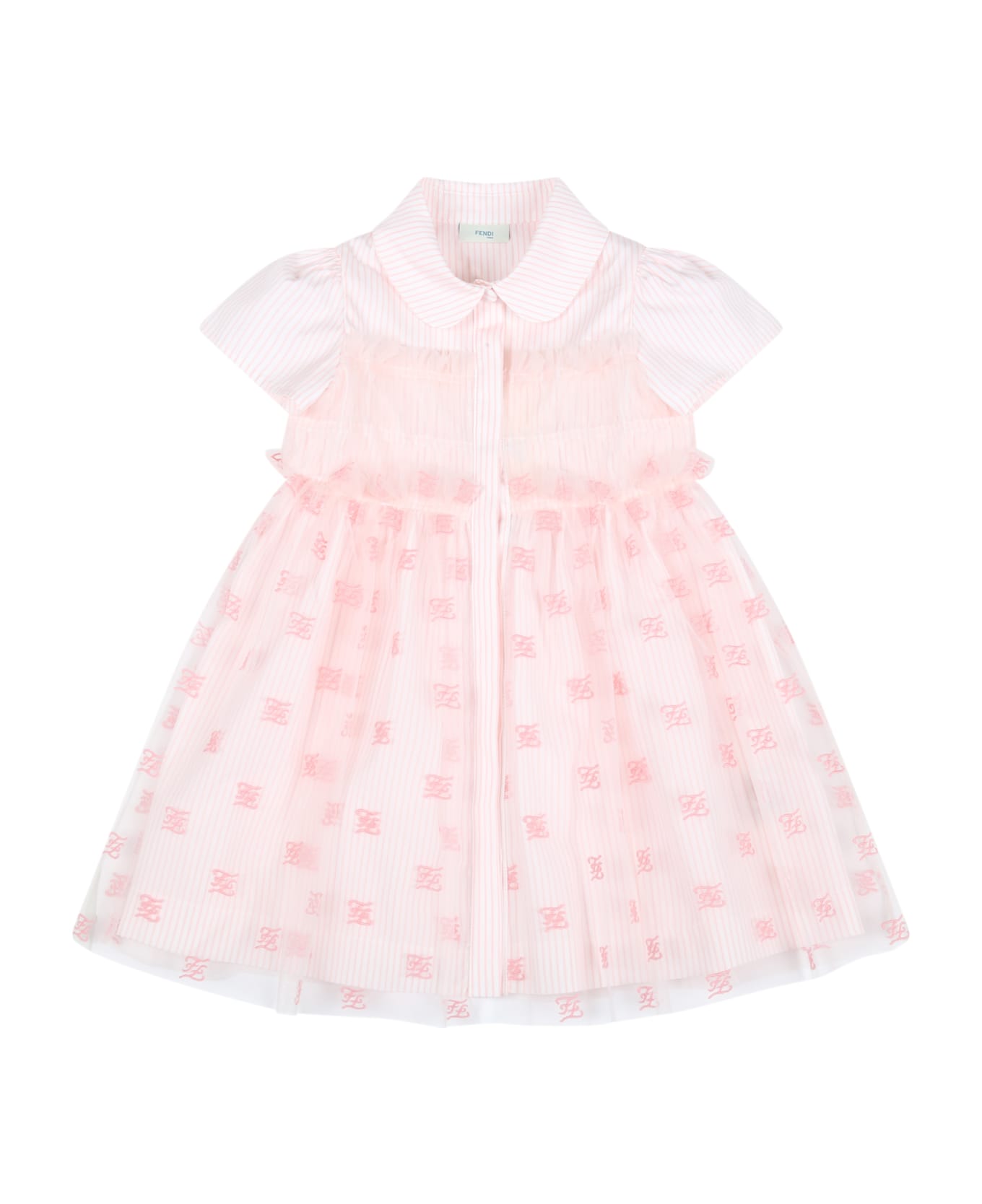 Fendi Pink Dress For Baby Girl With Embroidered Ff - Pink