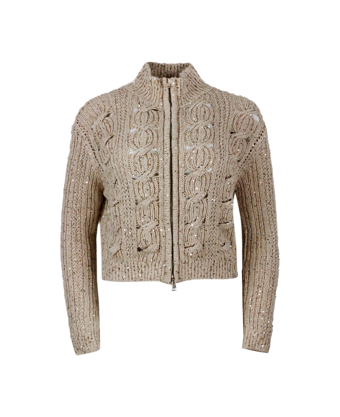 Lorena Antoniazzi Long-sleeved Full-zip Cardigan Sweater In Cotton Thread With Braided Work Embellished With Applied Microsequins - Gold カーディガン