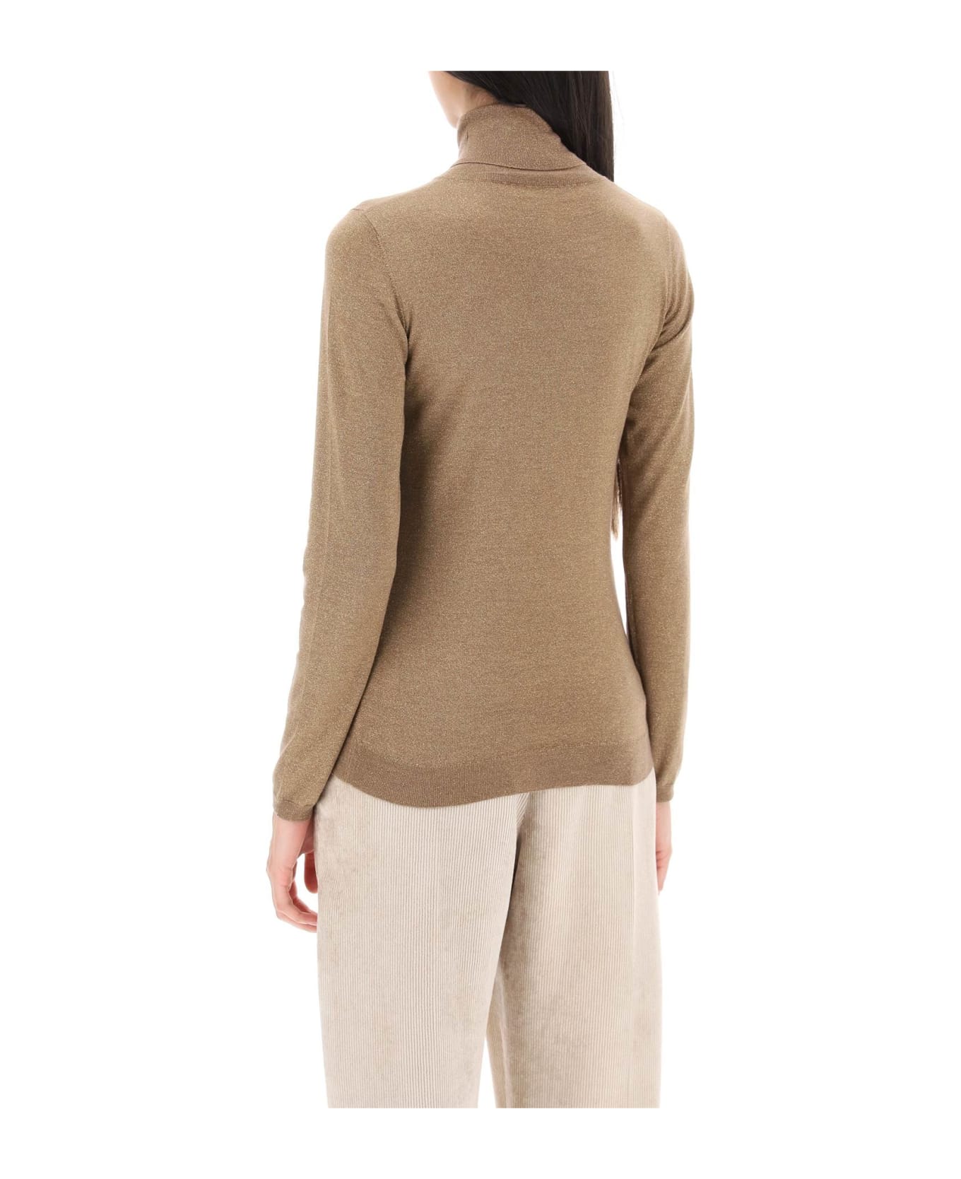 Brunello Cucinelli Turtleneck Sweater In Cashmere And Silk Lurex Knit - TABACCO (Beige)