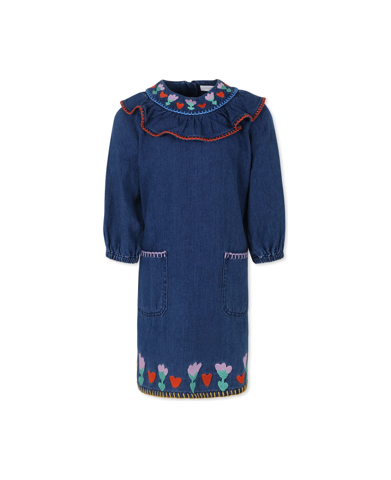 Stella McCartney Kids Blue Dress For Girl With Flowers - Denim