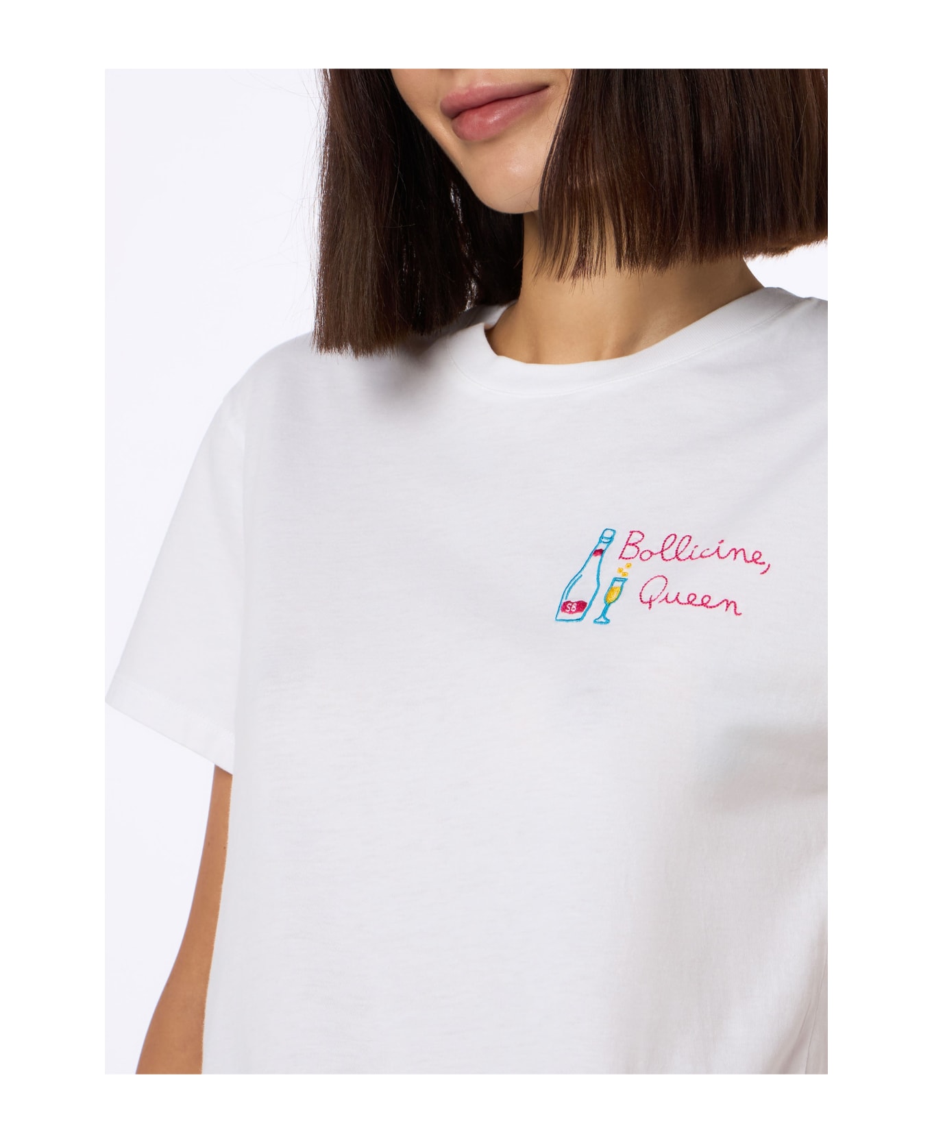 MC2 Saint Barth Woman White Cotton Jersey Crewneck T-shirt Emilie With Bollicine Queen Embroidery - WHITE