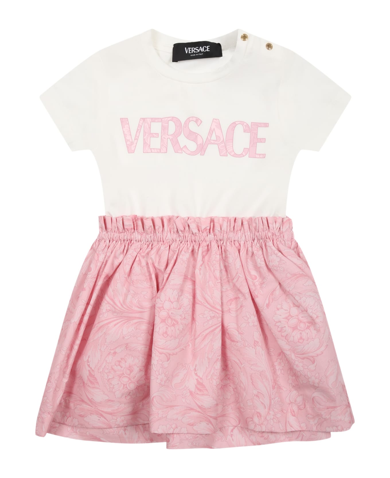 Versace Pink Dress For Baby Girl With Baroque Print And Logo - Pink ウェア