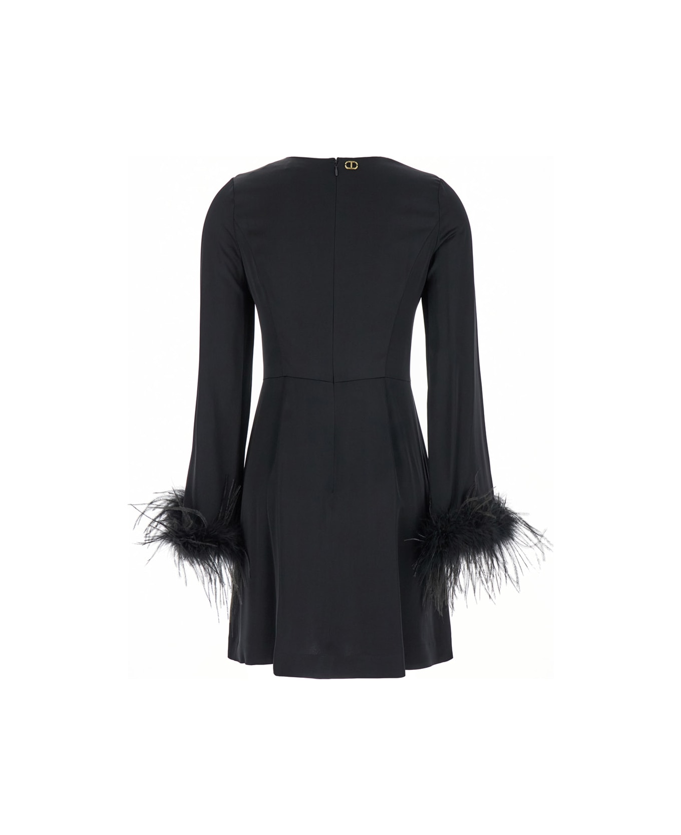 TwinSet Black Crewneck Dress With Feathered Cuffs In Viscose Woman - Black