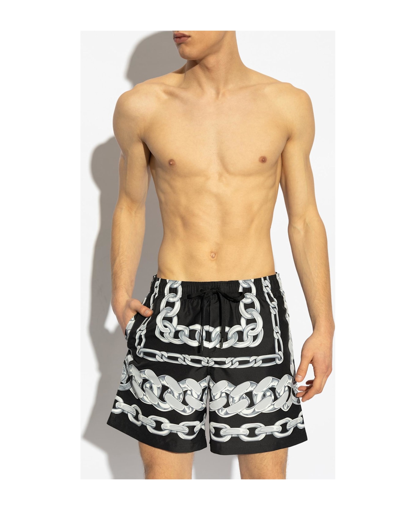 Versace Swim Shorts With Medusa Chains Print - Black+Silver