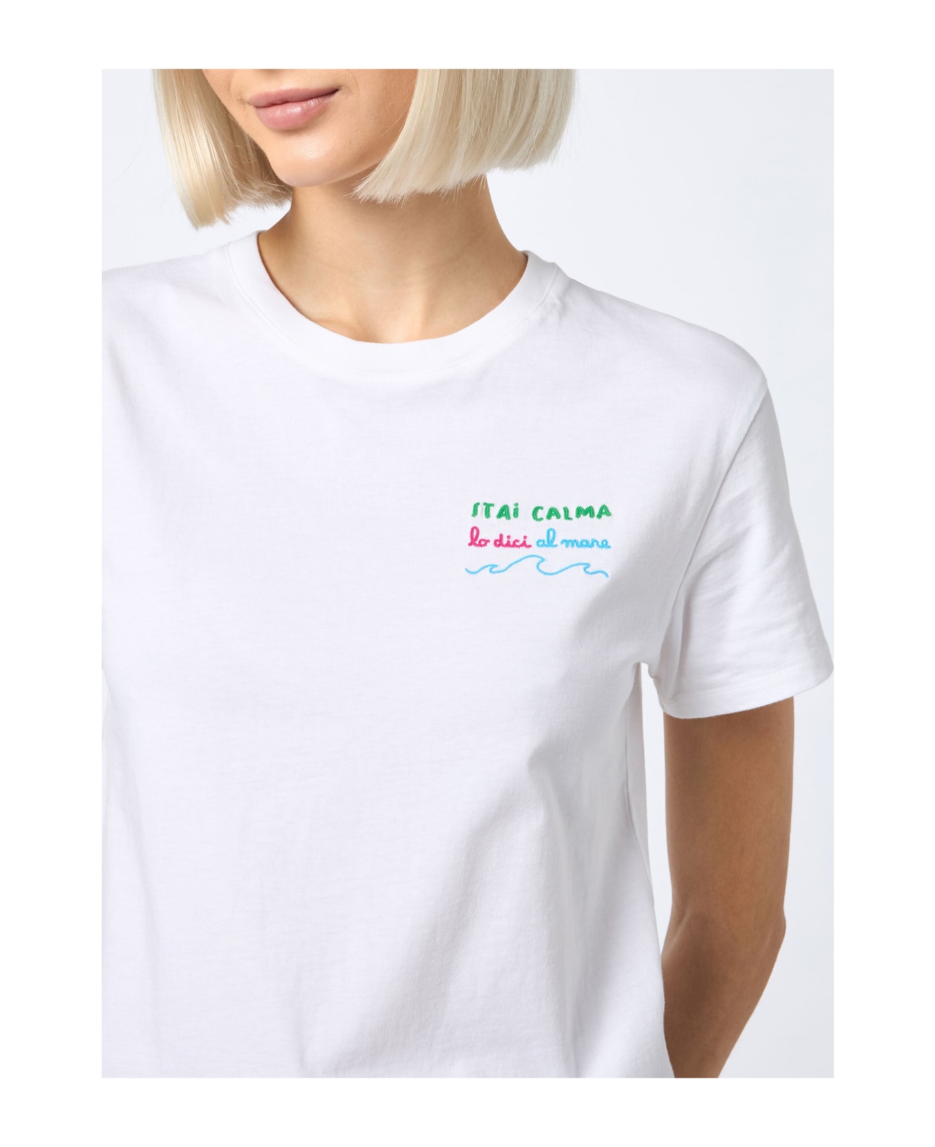 MC2 Saint Barth Woman Cotton Jersey Crewneck T-shirt Emilie With Stai Calma Lo Dici Al Mare Embroidery - WHITE