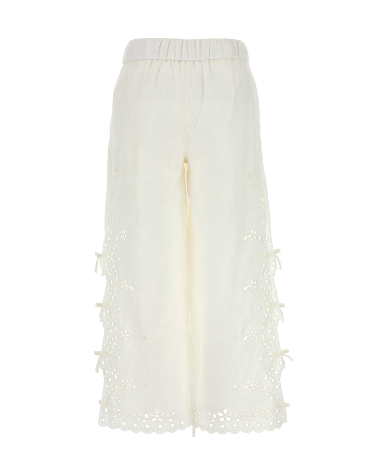 self-portrait White Linen Blend Pant - Cream