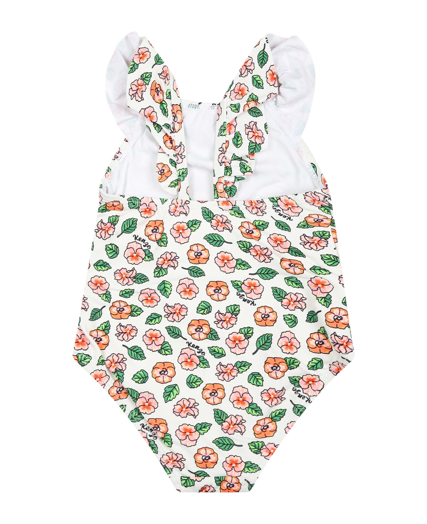 Kenzo Kids White Swimwuit For Baby Girl With Floral Print - Bianco
