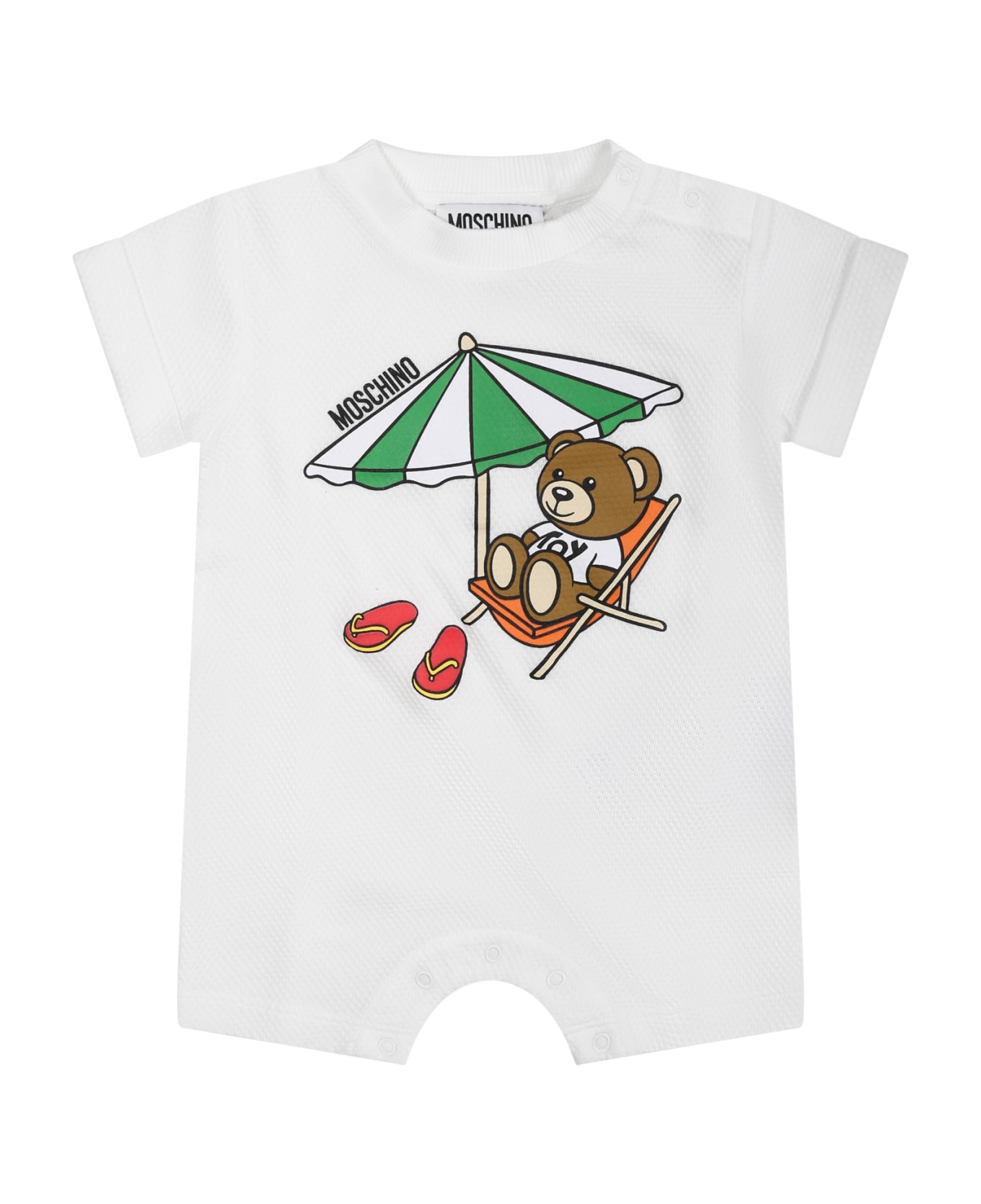 Moschino White Romper For Babies With Teddy Bear - White