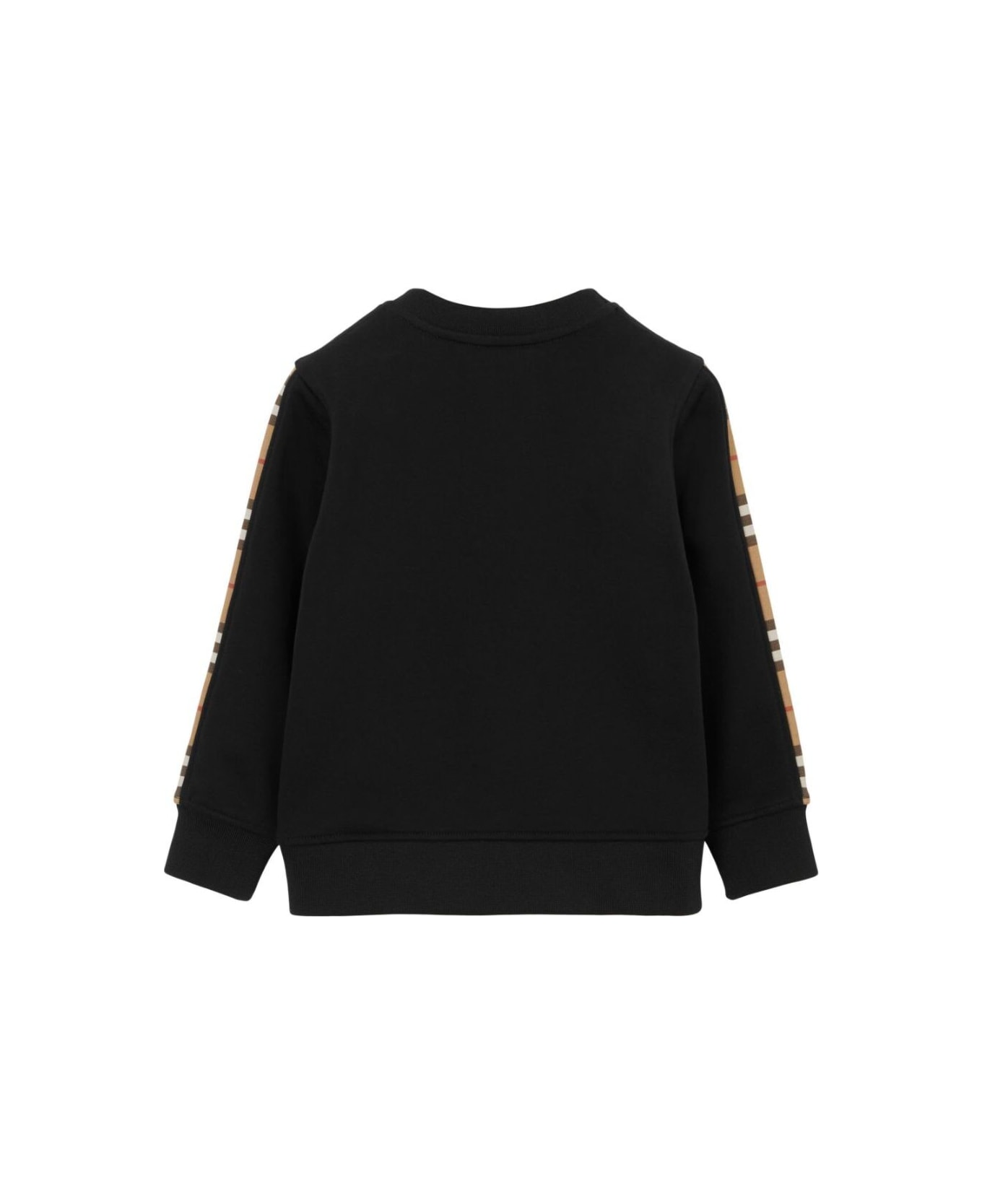 Burberry Black Crewneck Sweatshirt With Check Print On The Front And On Sleeves In Cotton Boy - Black