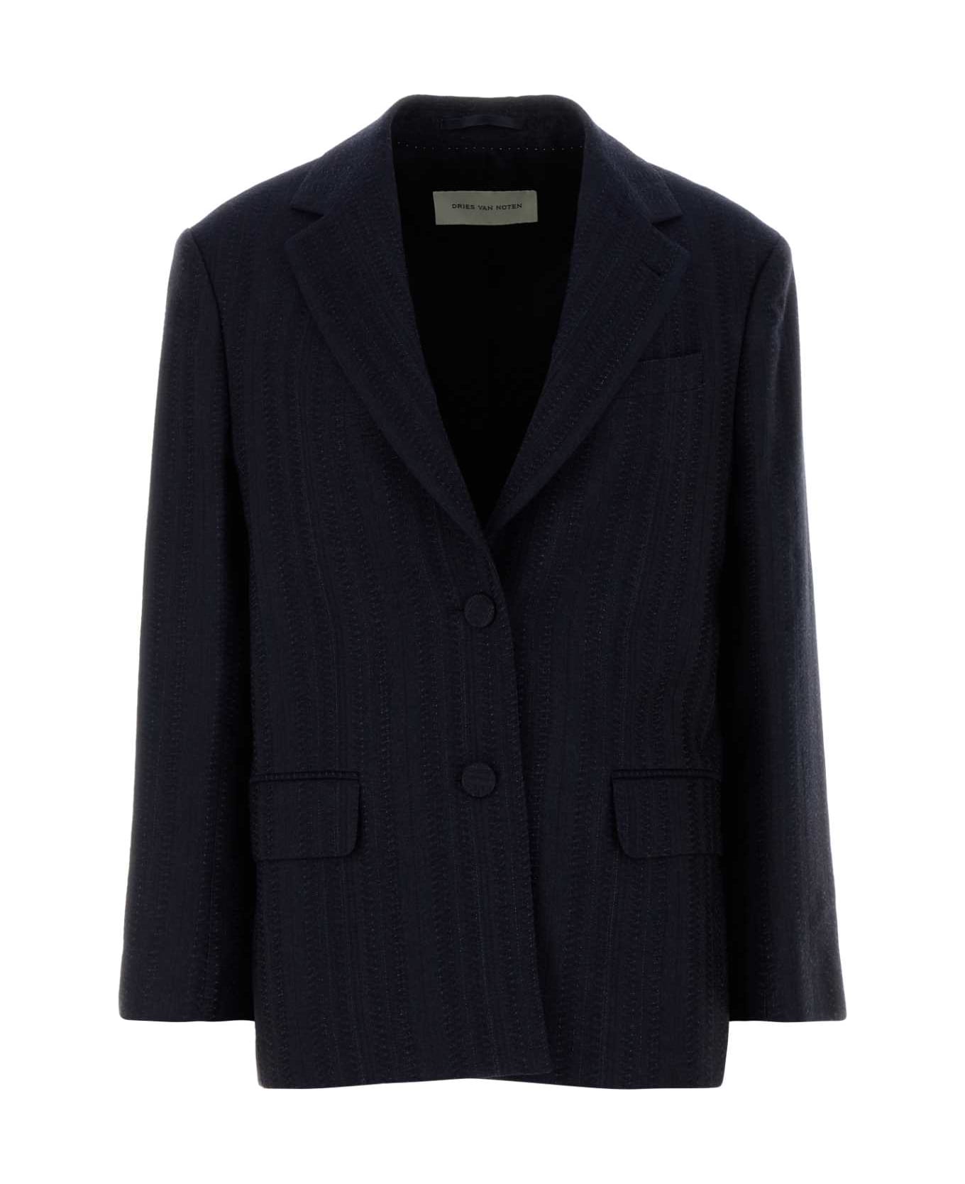 Dries Van Noten Embroidered Wool Blend Birdys Blazer - NAVY