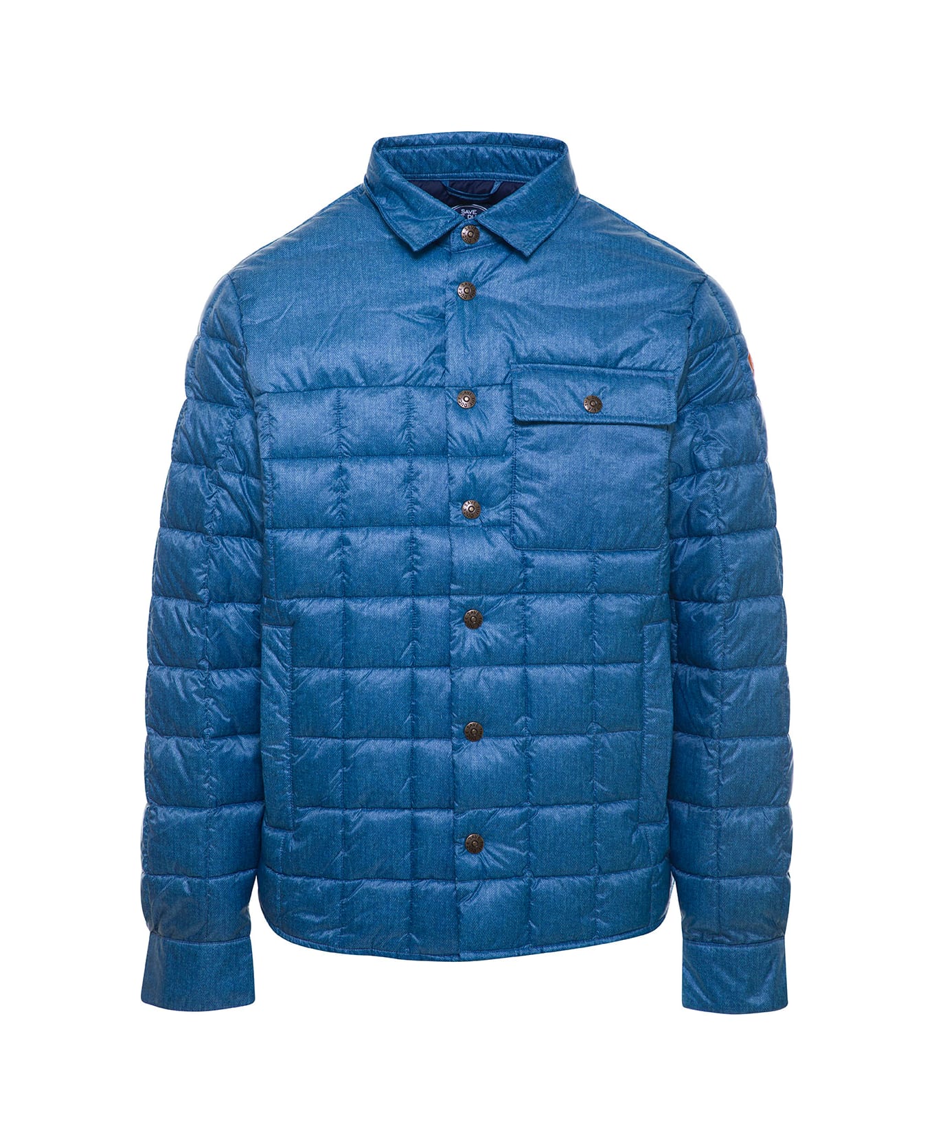 Save the Duck Blue Quilted Down Jacket With Logo Patch In Denim Printed Nylon Man - Blu