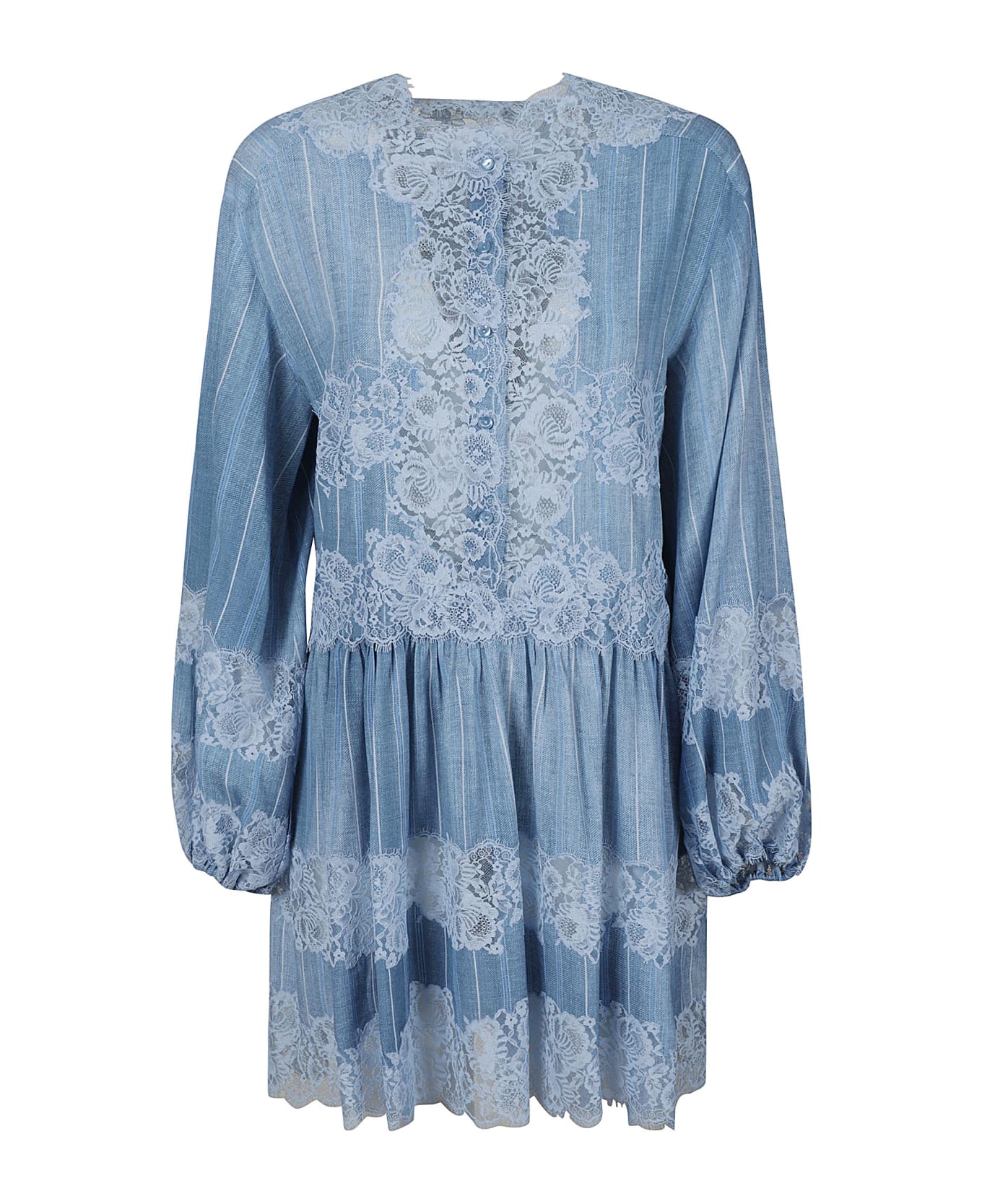 Ermanno Scervino Floral Lace Paneled Stripe Dress - Azure