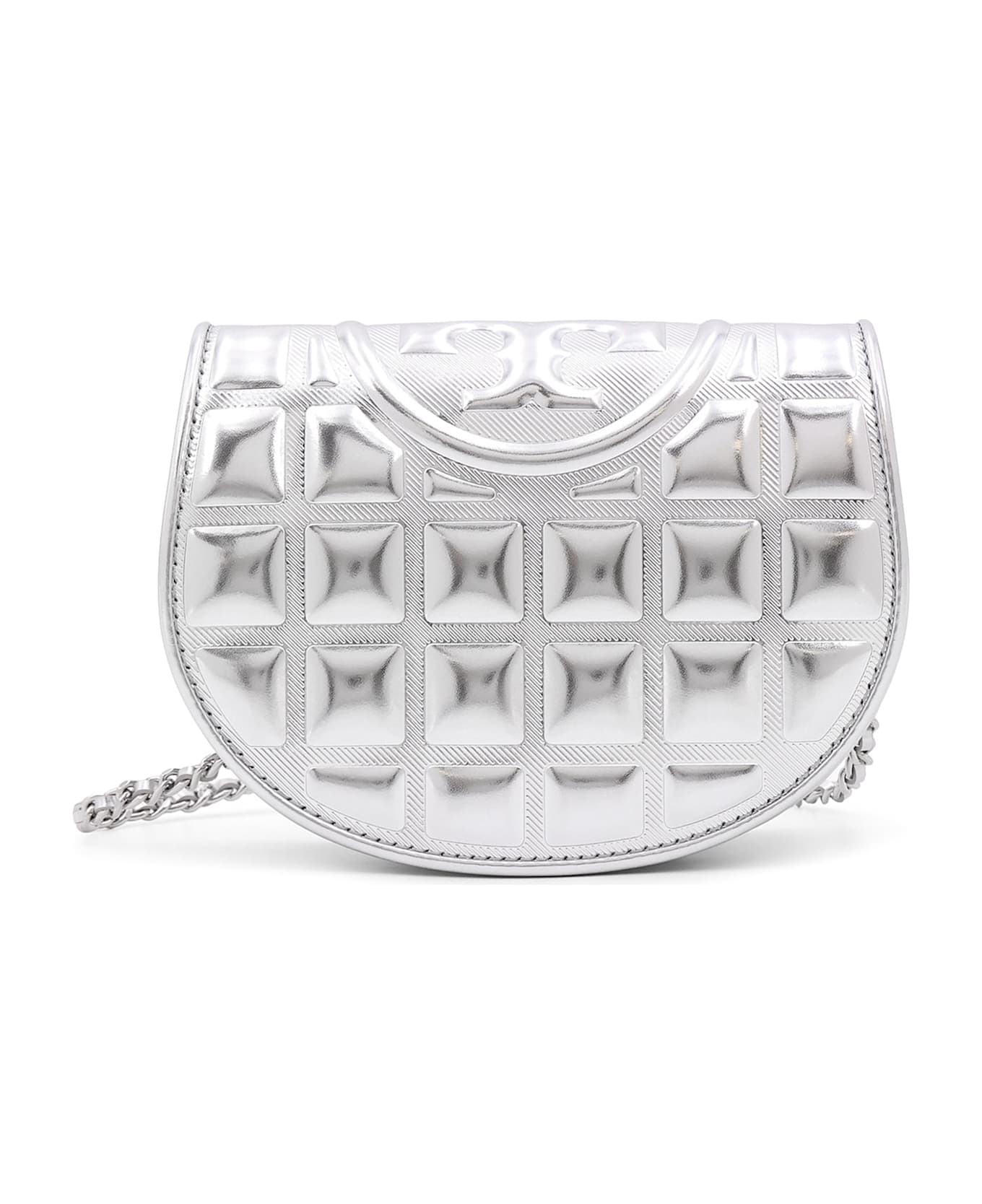Tory Burch 
fleming Metallic Square Quilt
 Wallet On Chain - Silver