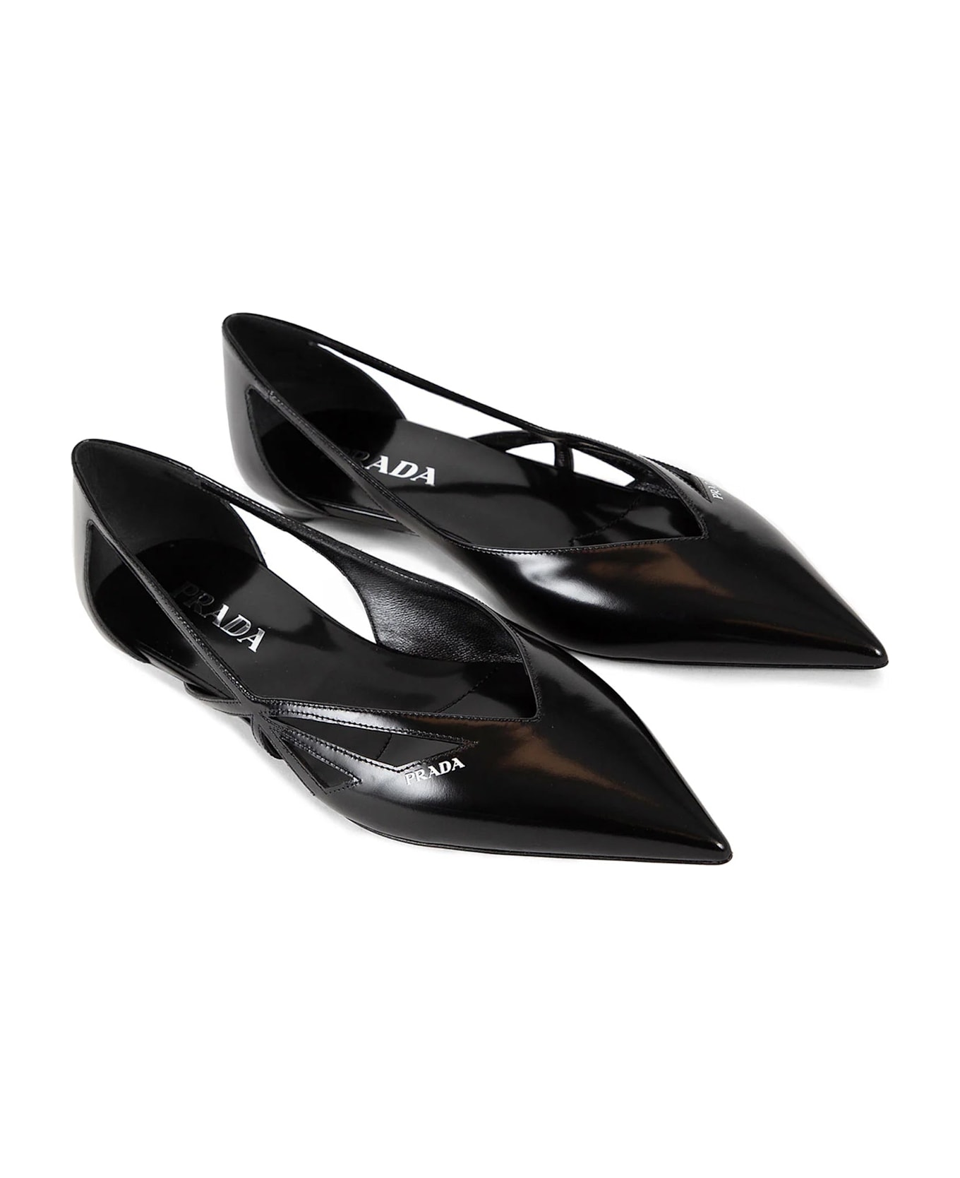 Prada Brushed Leather Cut-out Ballerina Flats - Black