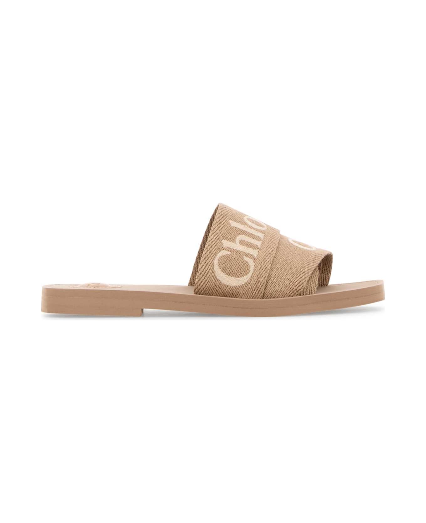 Chloé Beige Linen Woody Slippers - POWDER