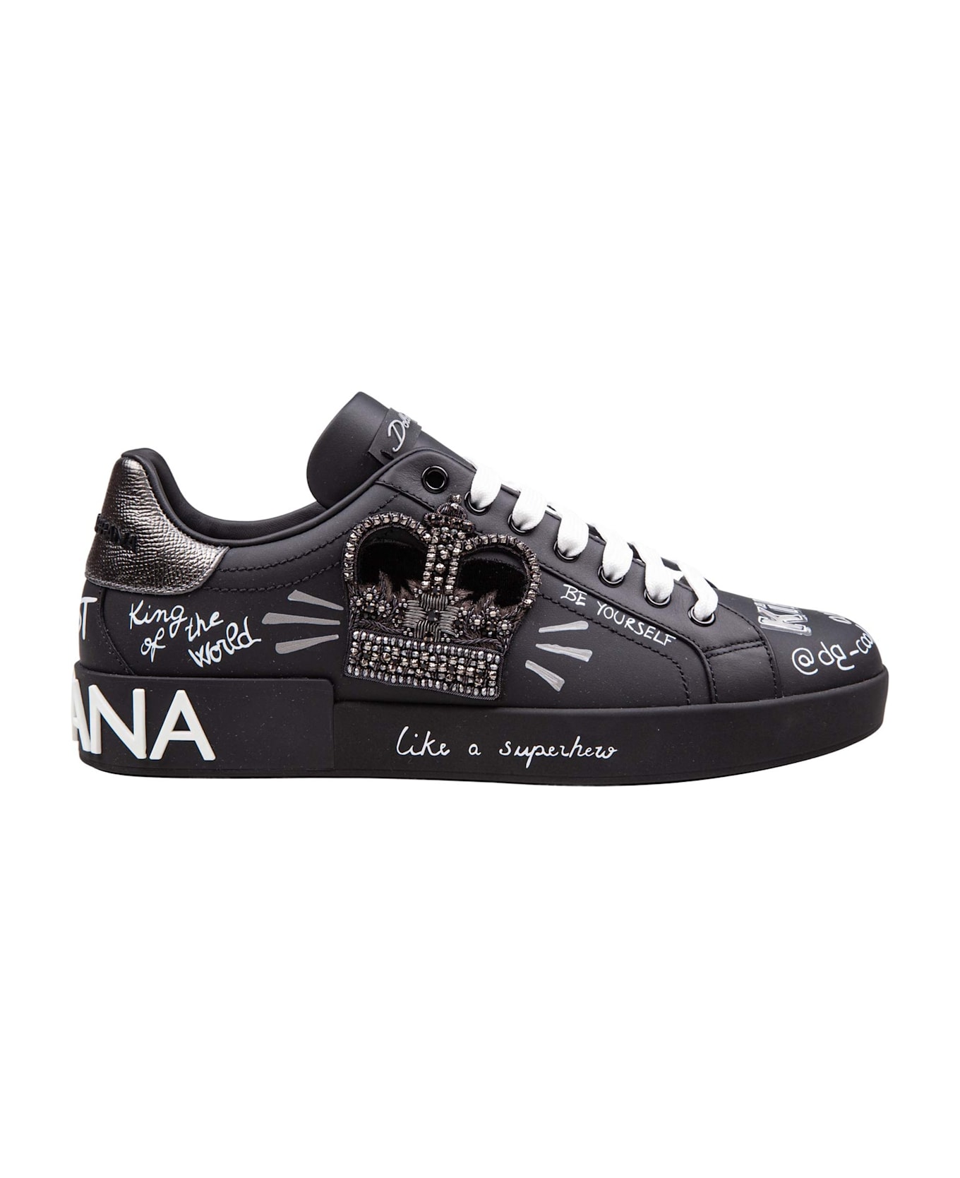 Dolce & Gabbana Portofino Leather Sneakers With Embroidery And Patches - Black / Silver