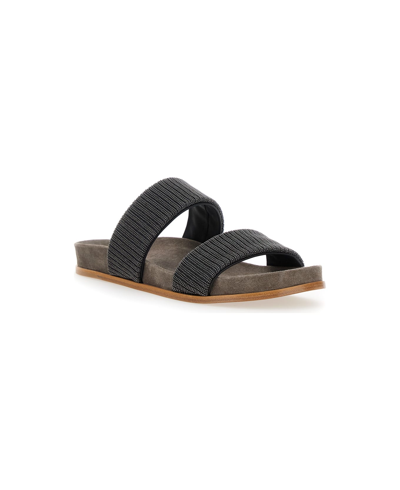 Brunello Cucinelli Grey Sandals With Monile Decoration And Round Open Toe In Suede And Cotton Woman - Brown