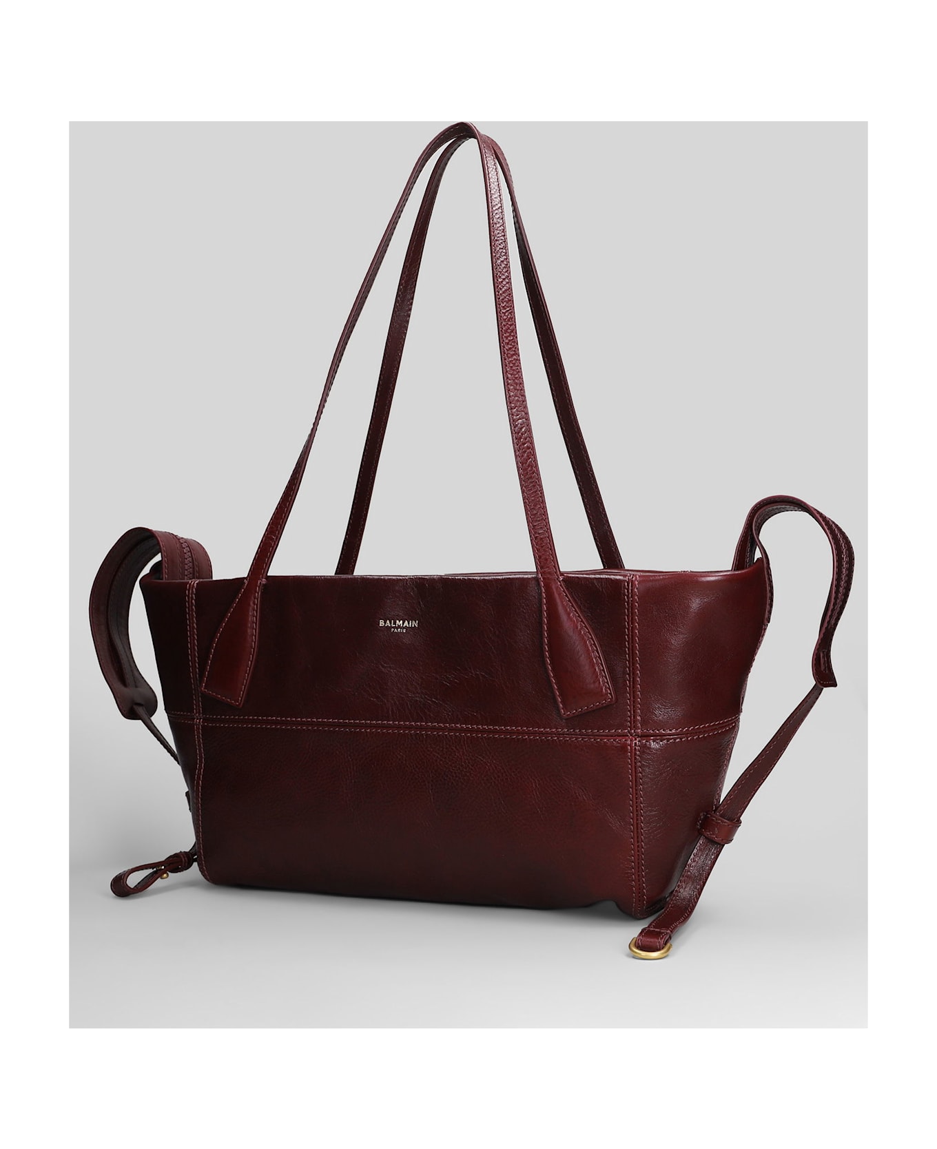 Balmain Track Zip Small Tote In Bordeaux Leather - bordeaux