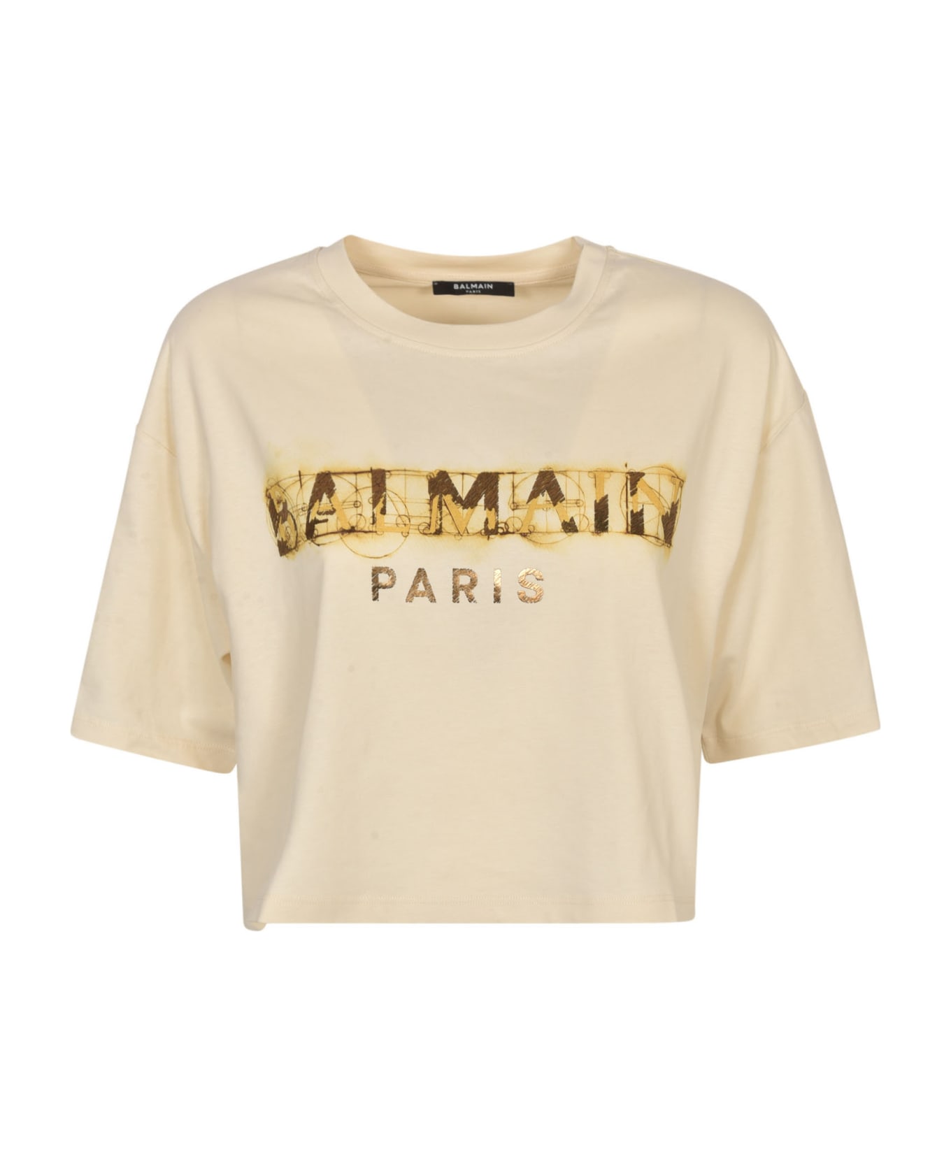 Balmain Logo Print Cropped T-shirt - Ficelle/Multi-Brown