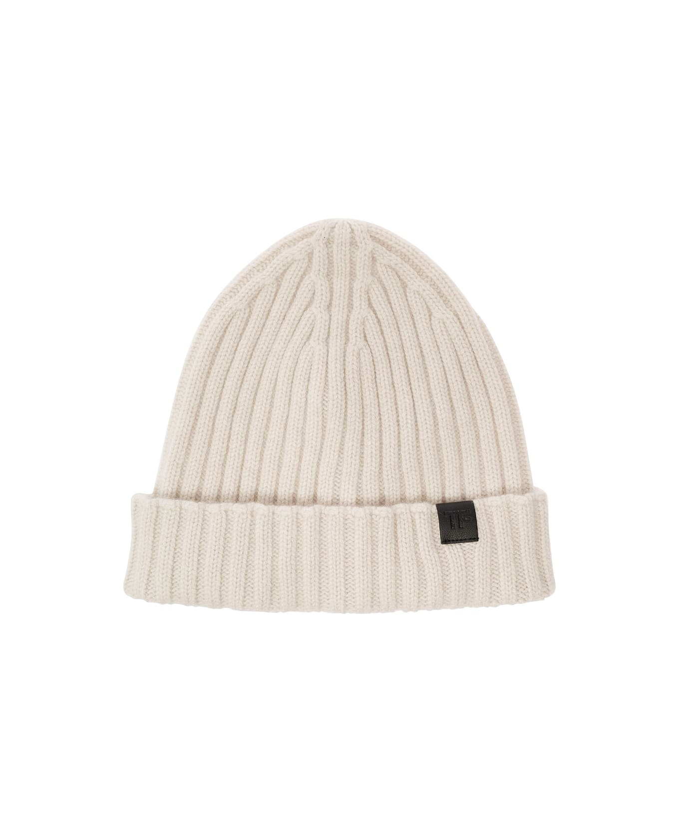 Tom Ford White Ribbed Beanie With Logo Patch In Cashmere Man - White