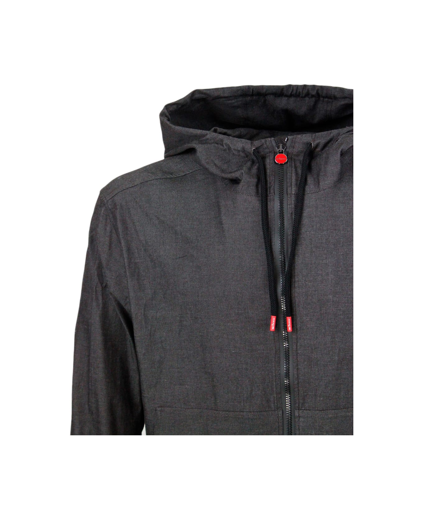 Kiton Super Light Sweatshirt Jacket With Hood In Very Soft Denim-effect Cotton Fabric With Zip Closure With Logo On The Zip Puller - Black denim