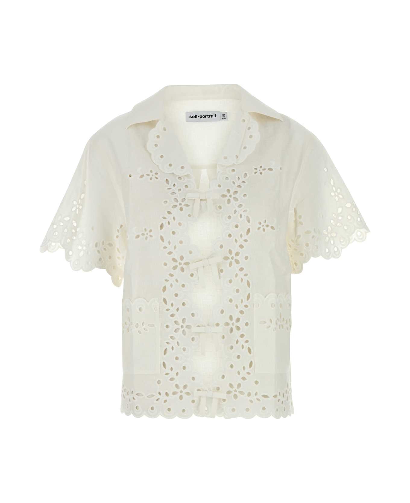 self-portrait White Linen Blend Top - Cream
