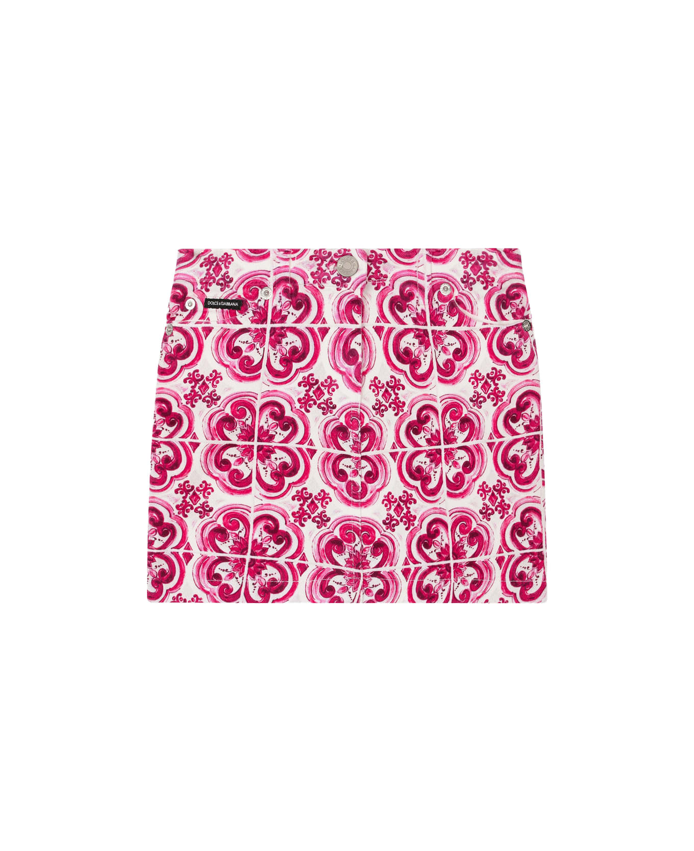 Dolce & Gabbana 5 Pocket Denim Mini Skirt With Fuchsia Majolica Print - Pink