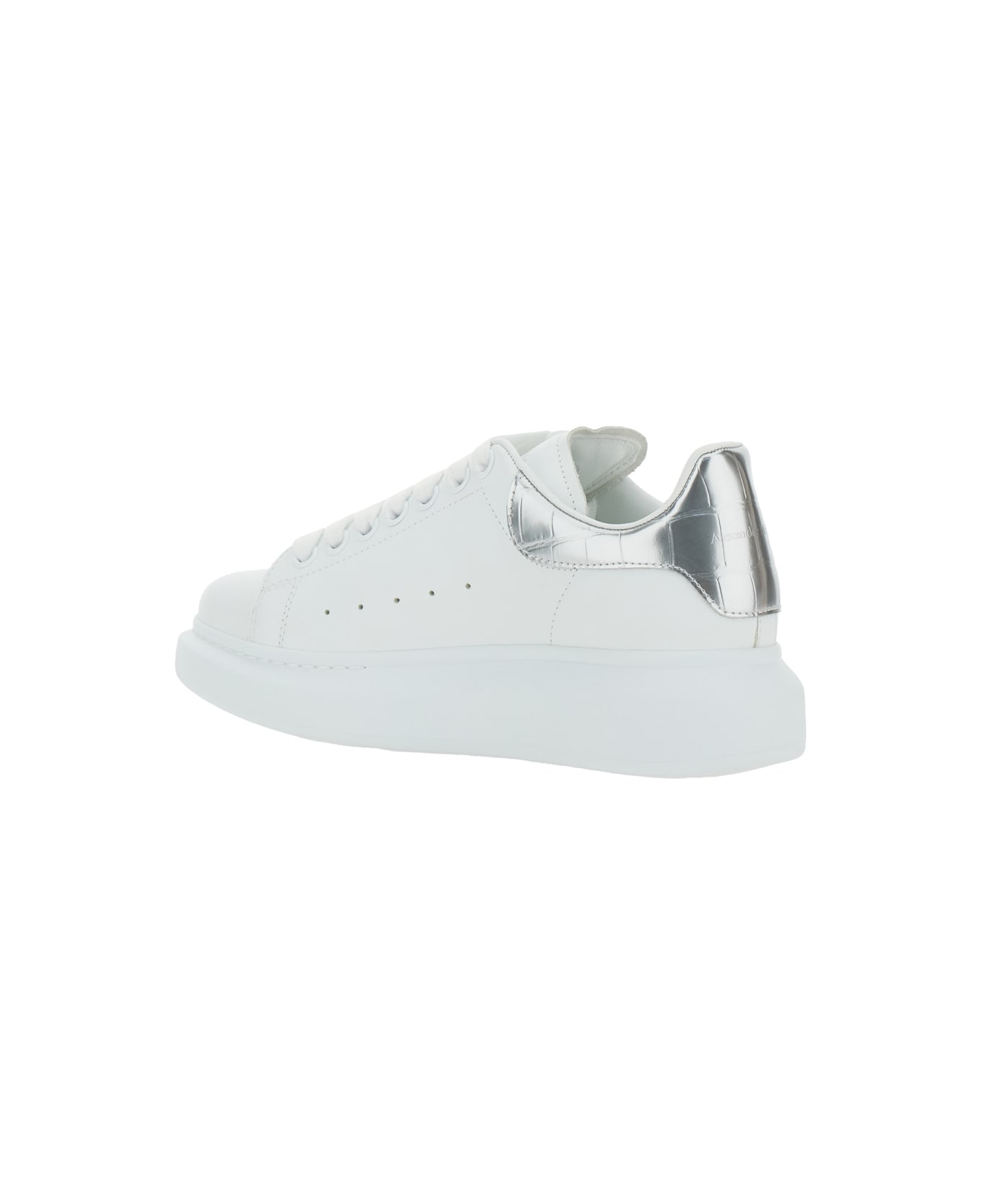 Alexander McQueen White Leather Sneakers With Silver Leather Heel - WHITESILVER