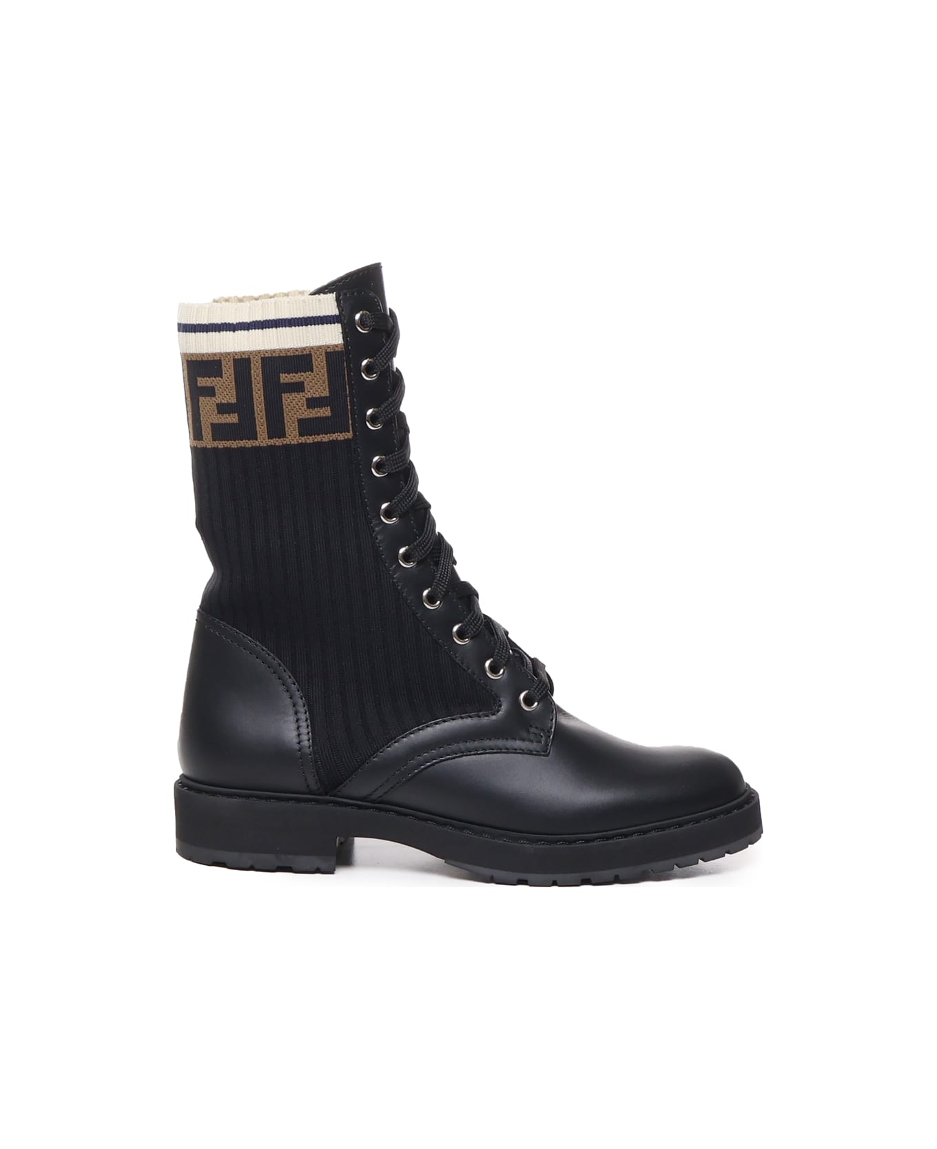 Fendi Leather And Mesh Biker Boots With Ff Monogram - Nero/tab.nero marino