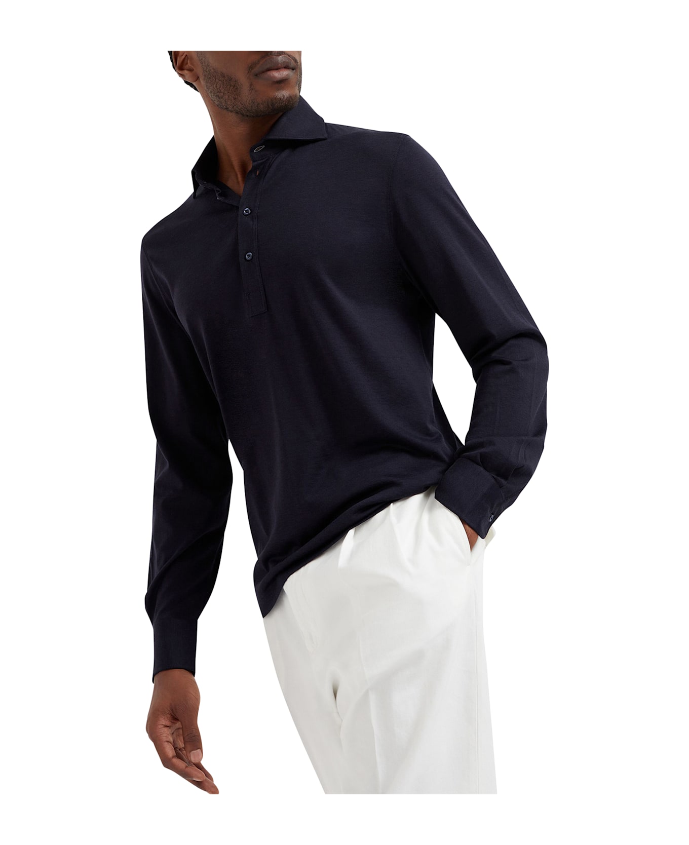 Brunello Cucinelli Long-sleeved Polo Shirt In Light Silk And Cotton Jersey With Shirt Collar - BLUE