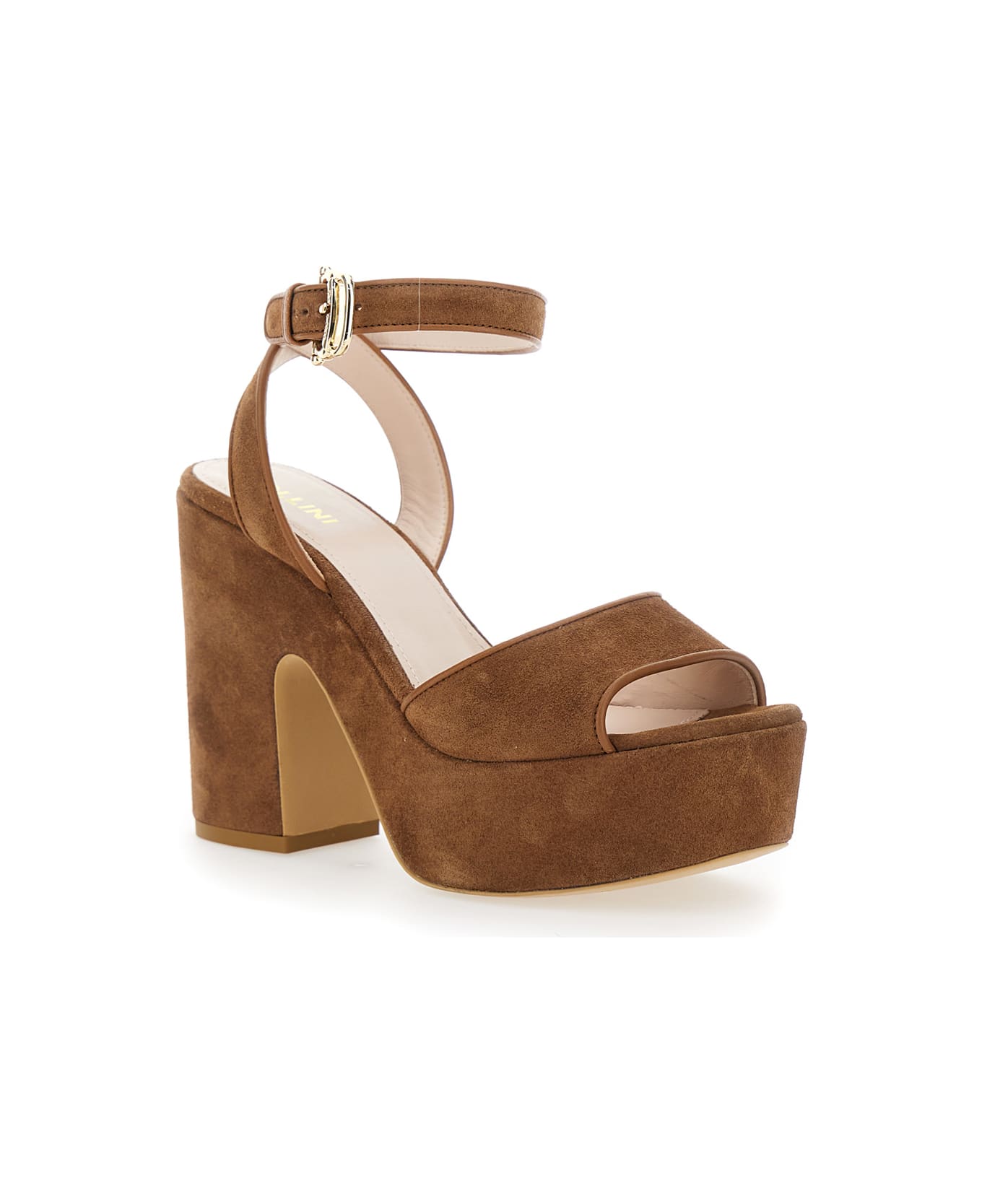 Pollini Brown Sandals With Ankle Strap And Platform With Chunky Heel In Suede Woman - Brown