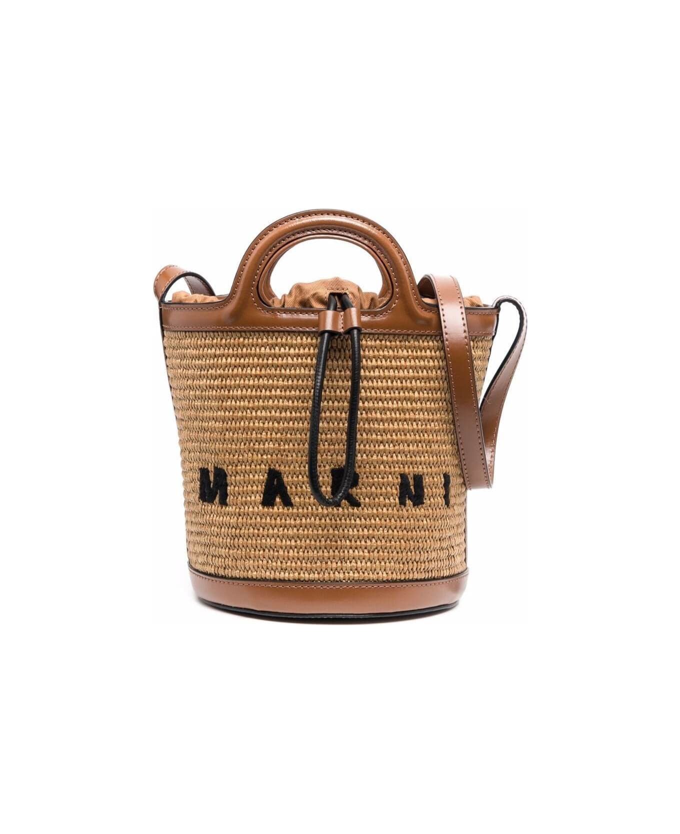 Marni Brown Mini Bucket Tropicalia Bag In Raffia Woman - Beige