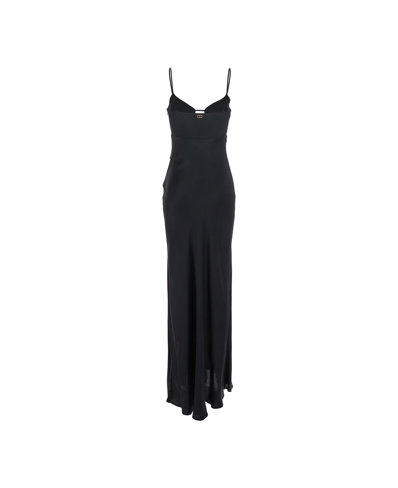 TwinSet Black Long Dress With Thin Shoulder Straps And Metallic Logo Plaque On The Back In Tech Fabric Woman TwinSet - BLACK