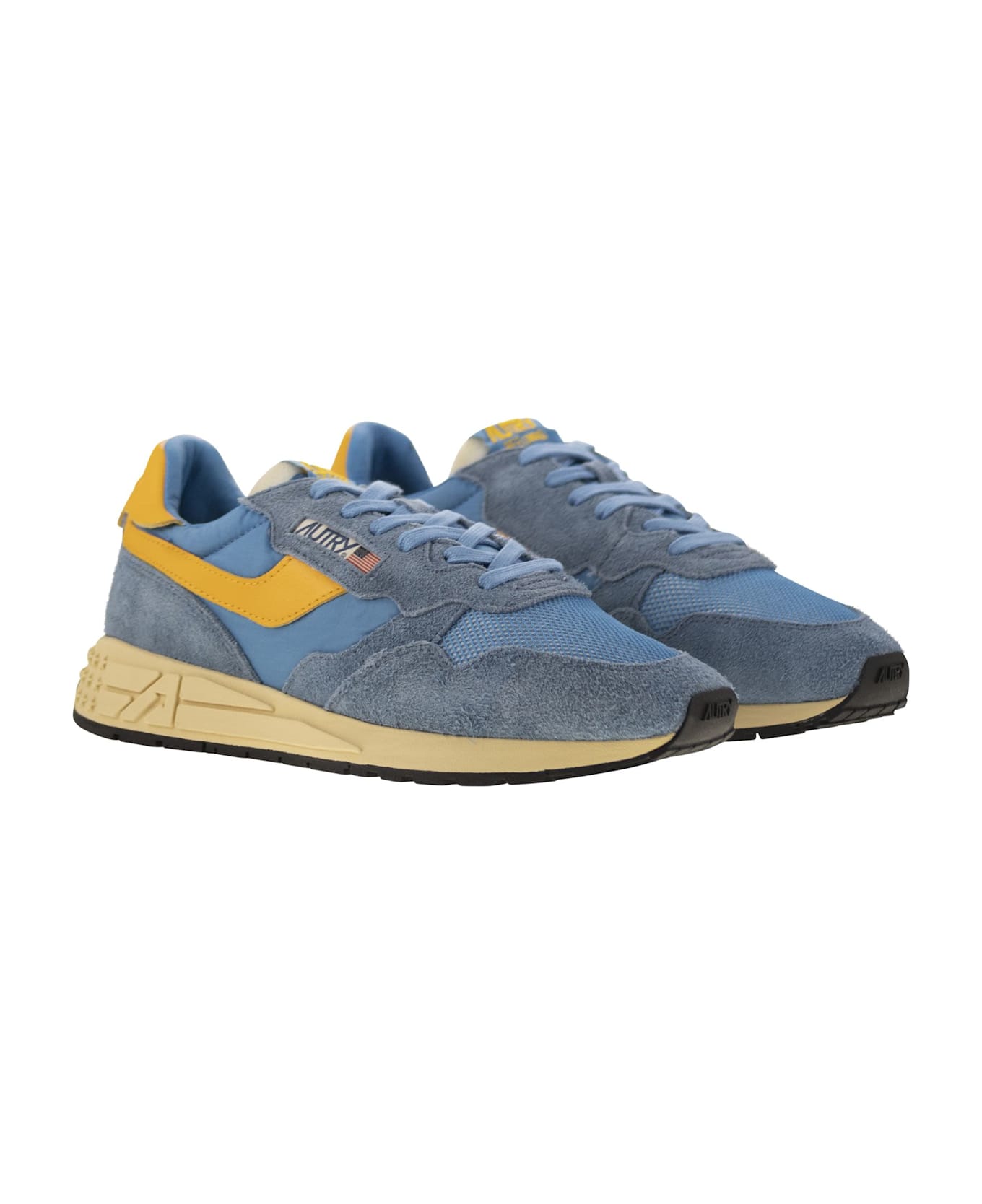 Autry Reelwind - Suede And Technical Textile Trainer - Light Blue/yellow