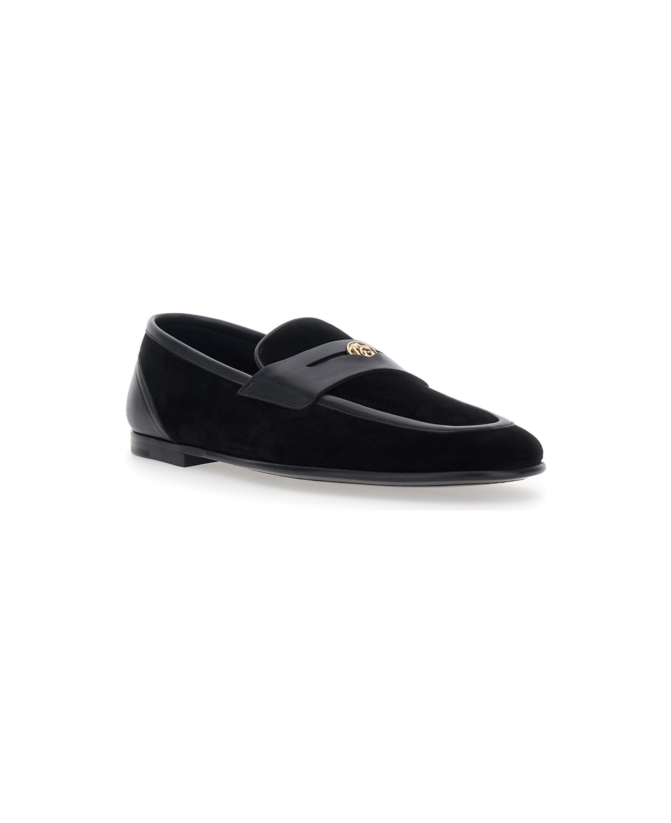 Dolce & Gabbana 'ariosto' Black Loafers With Metallic Dg Logo Plate On The Front In Leather And Suede Man - Black