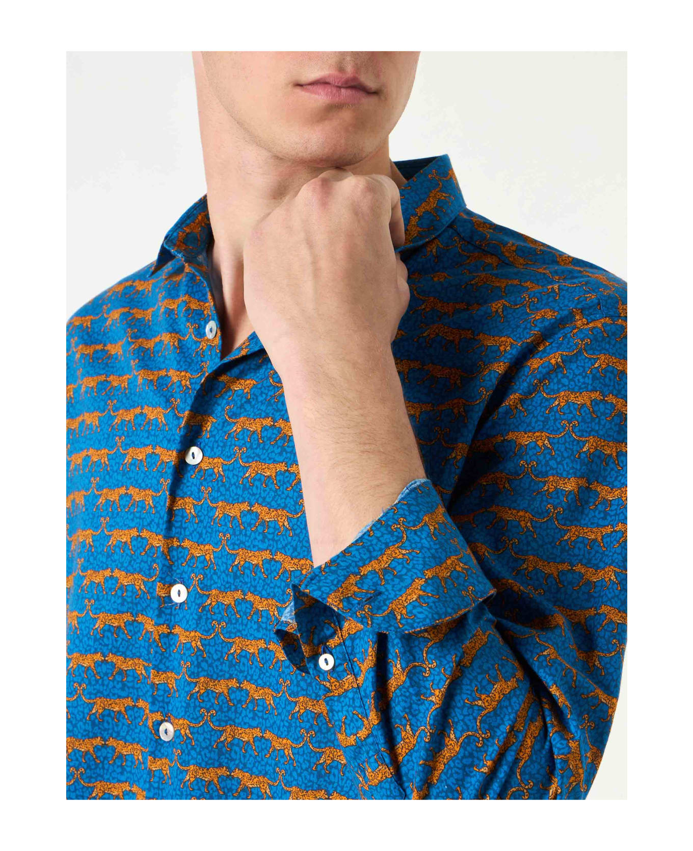 MC2 Saint Barth Man Muslin Cotton Sikelia Shirt With Wild Cat Print - BLUE
