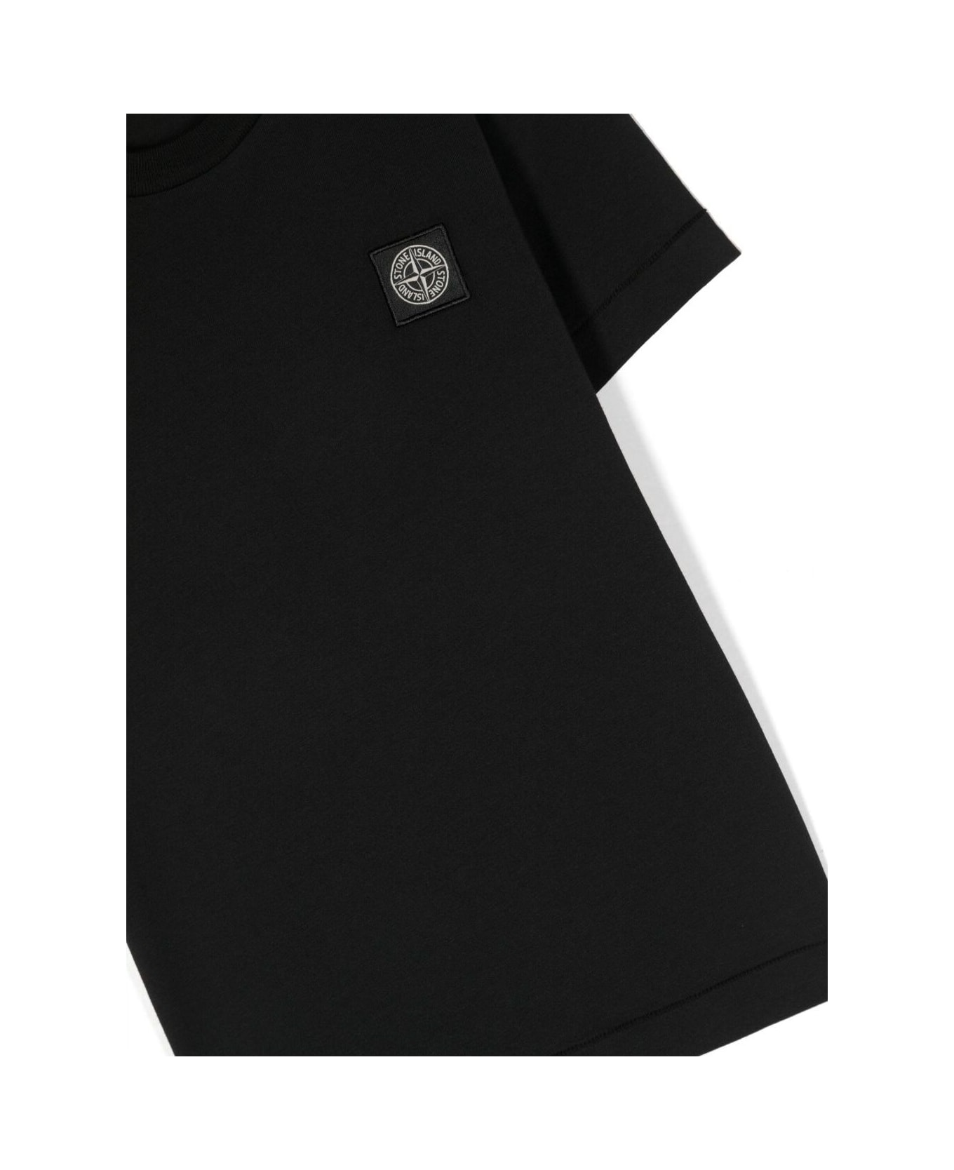 Stone Island Junior Black Crewneck Short-sleeved T-shirt And Contrasting Patch Logo In Cotton Boy Tシャツ＆ポロシャツ