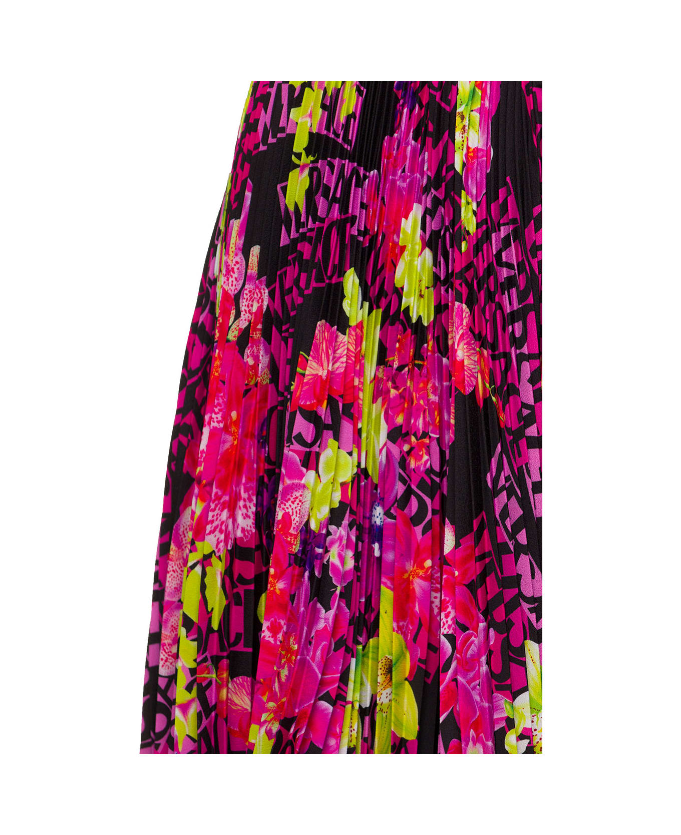 Versace Multicolor Asymmetric Pleated Mini-skirt With Logo Orchid Print In Polyester Woman - Multicolor