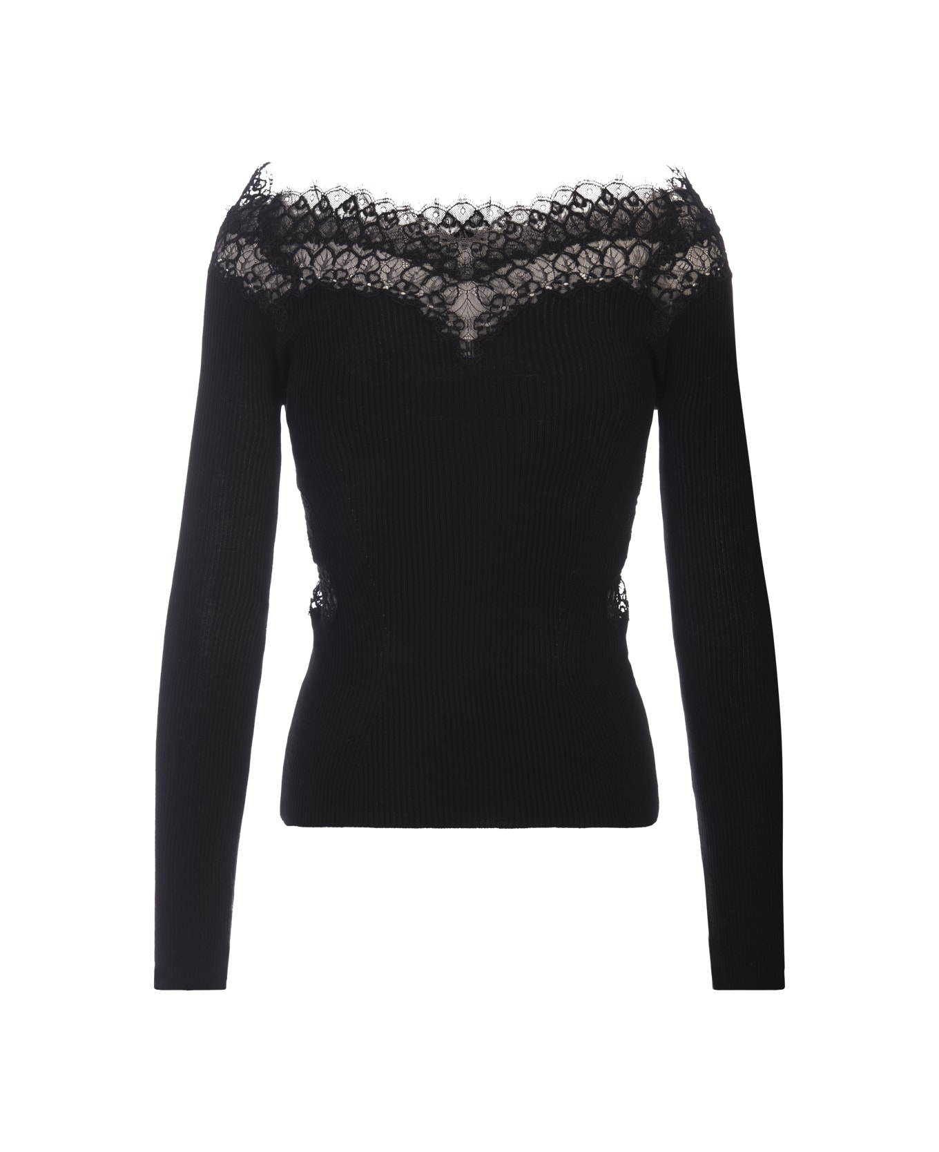 Ermanno Scervino Black Sweater With Lace And Boat Neckline - Black ニットウェア