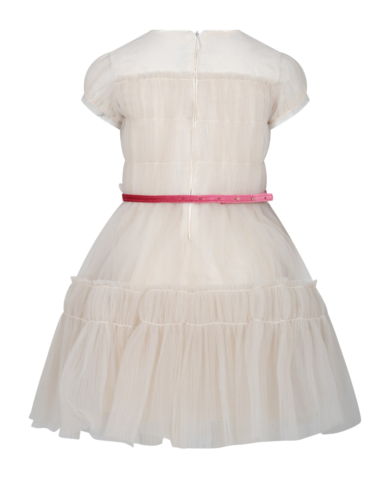 Monnalisa Ivory Dress For Girl With Flowers - Ivory
