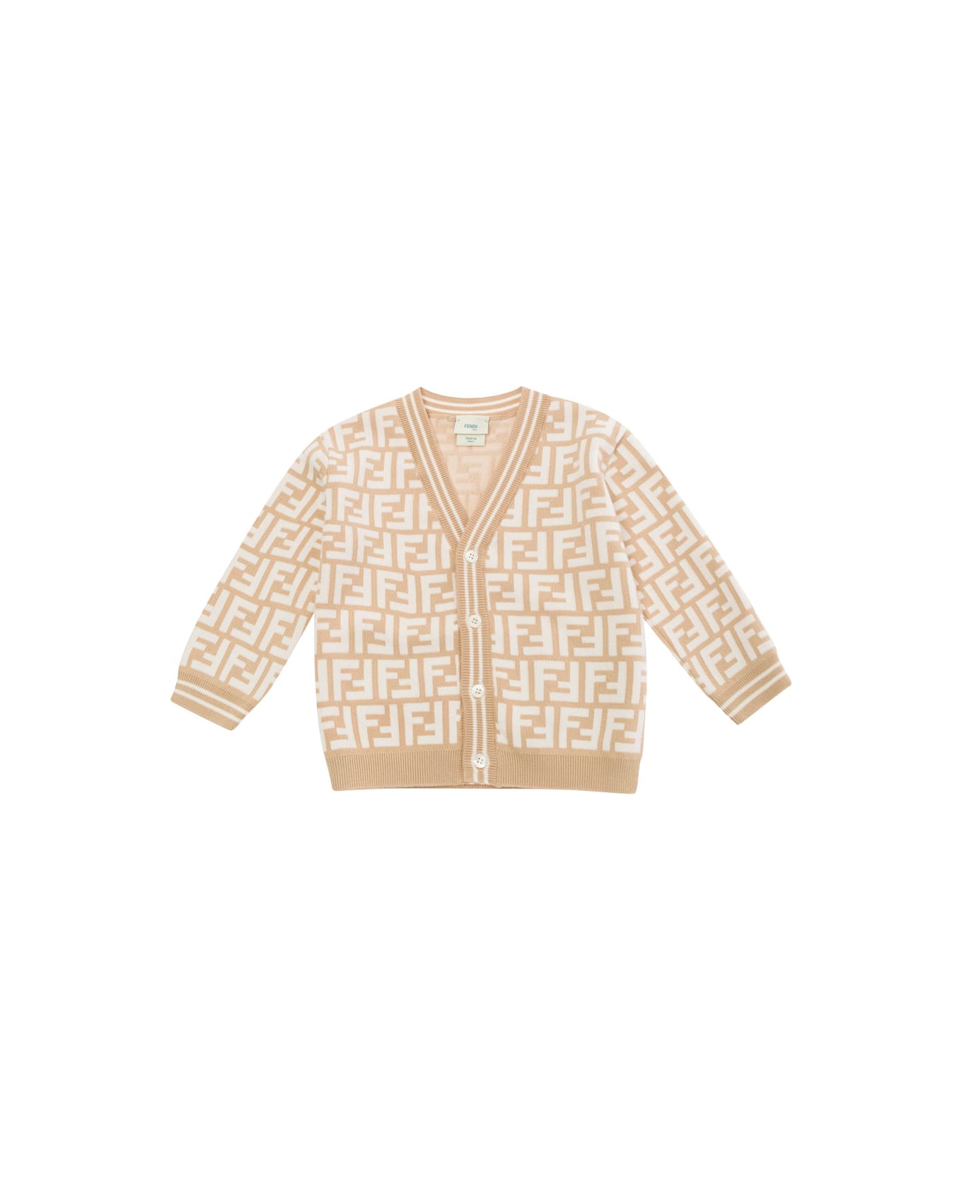 Fendi Beige And White Cardigan With Ff Jacquard Motif In Cotton Piquet Baby - White