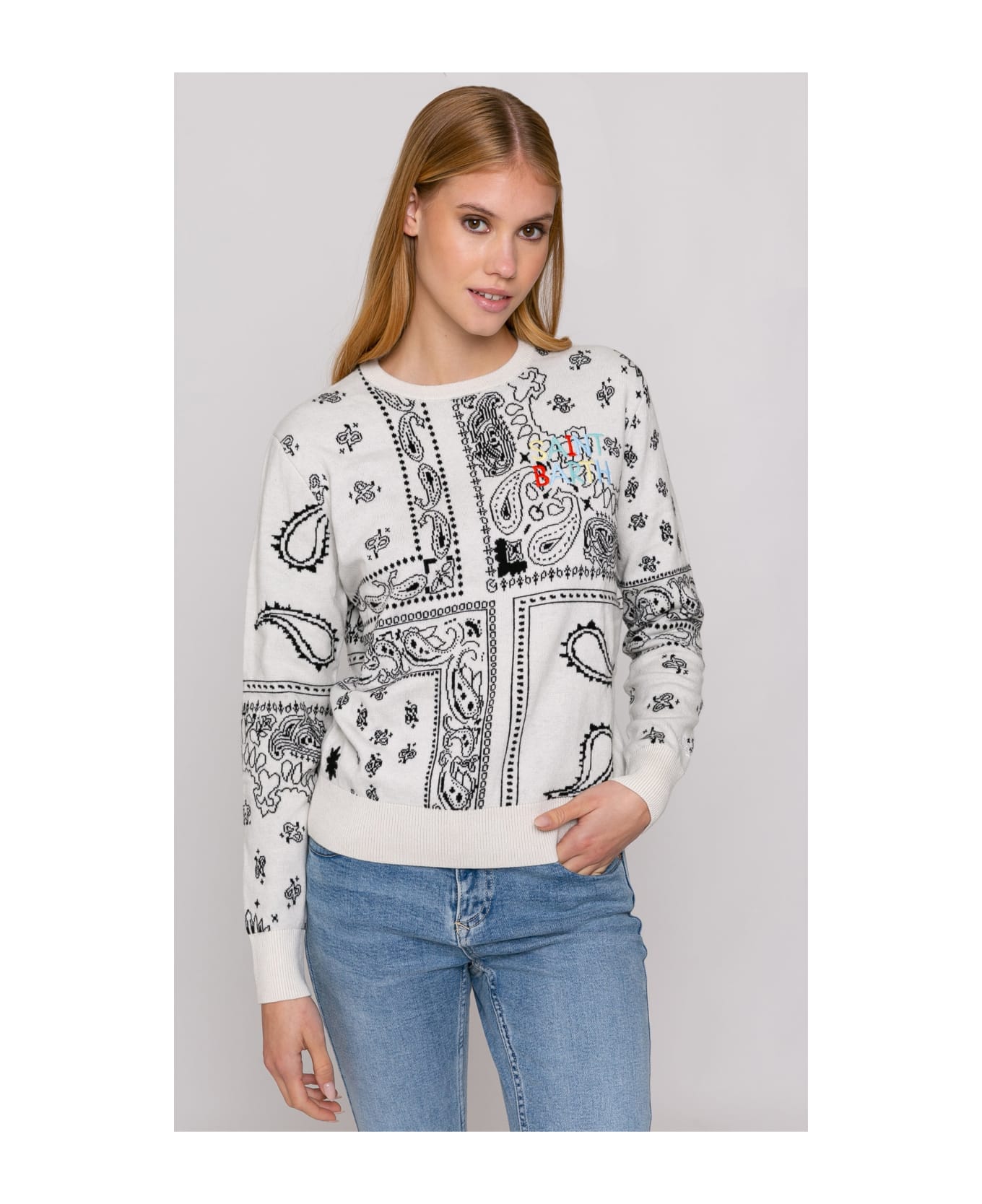 MC2 Saint Barth Woman Sweater With Bandanna Print Embroidery - WHITE ニットウェア