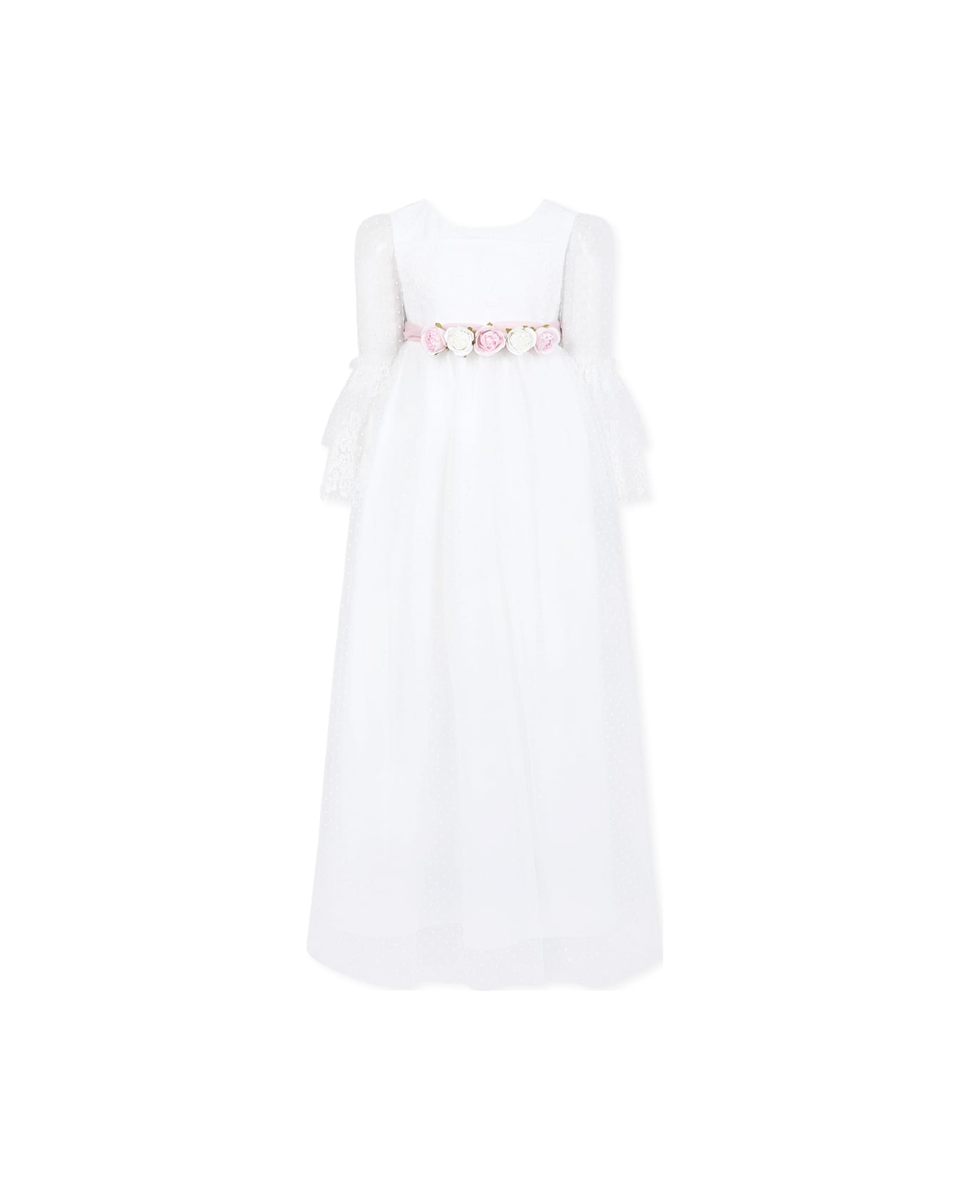 Monnalisa White Dress For Girl With Flowers - White
